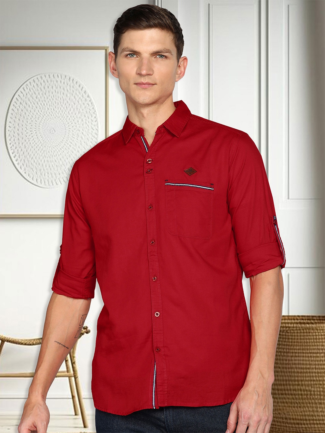 

Kuons Avenue Smart Slim Fit Opaque Linen Cotton Casual Shirt, Red