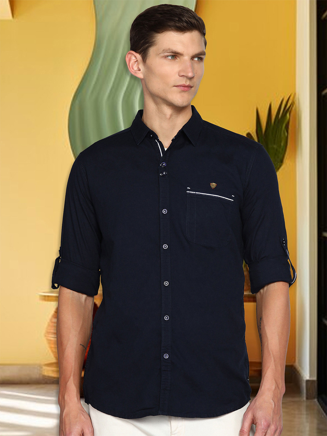 

Kuons Avenue Smart Slim Fit Opaque Linen Cotton Casual Shirt, Navy blue
