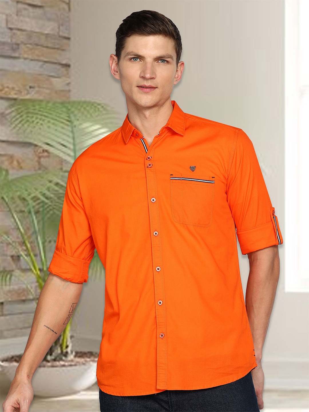 

Kuons Avenue Smart Slim Fit Spread Collar Linen Casual Shirt, Orange