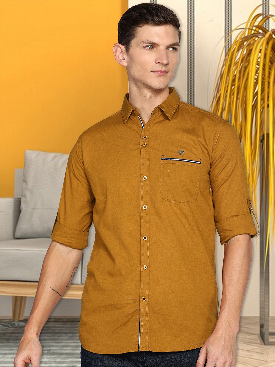 

Kuons Avenue Smart Slim Fit Opaque Linen Cotton Casual Shirt, Mustard