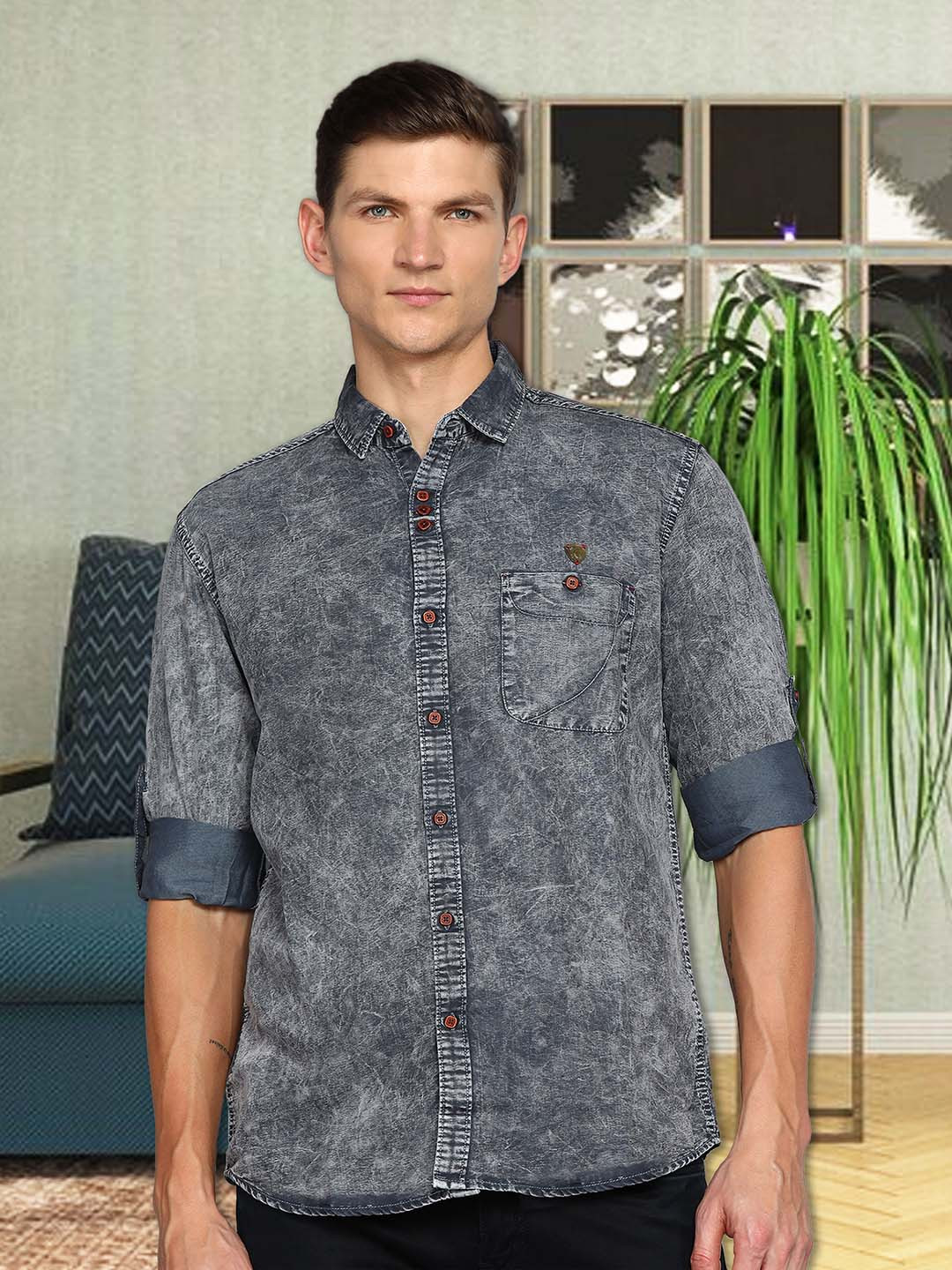 

Kuons Avenue Smart Slim Fit Faded Opaque Denim Casual Shirt, Grey
