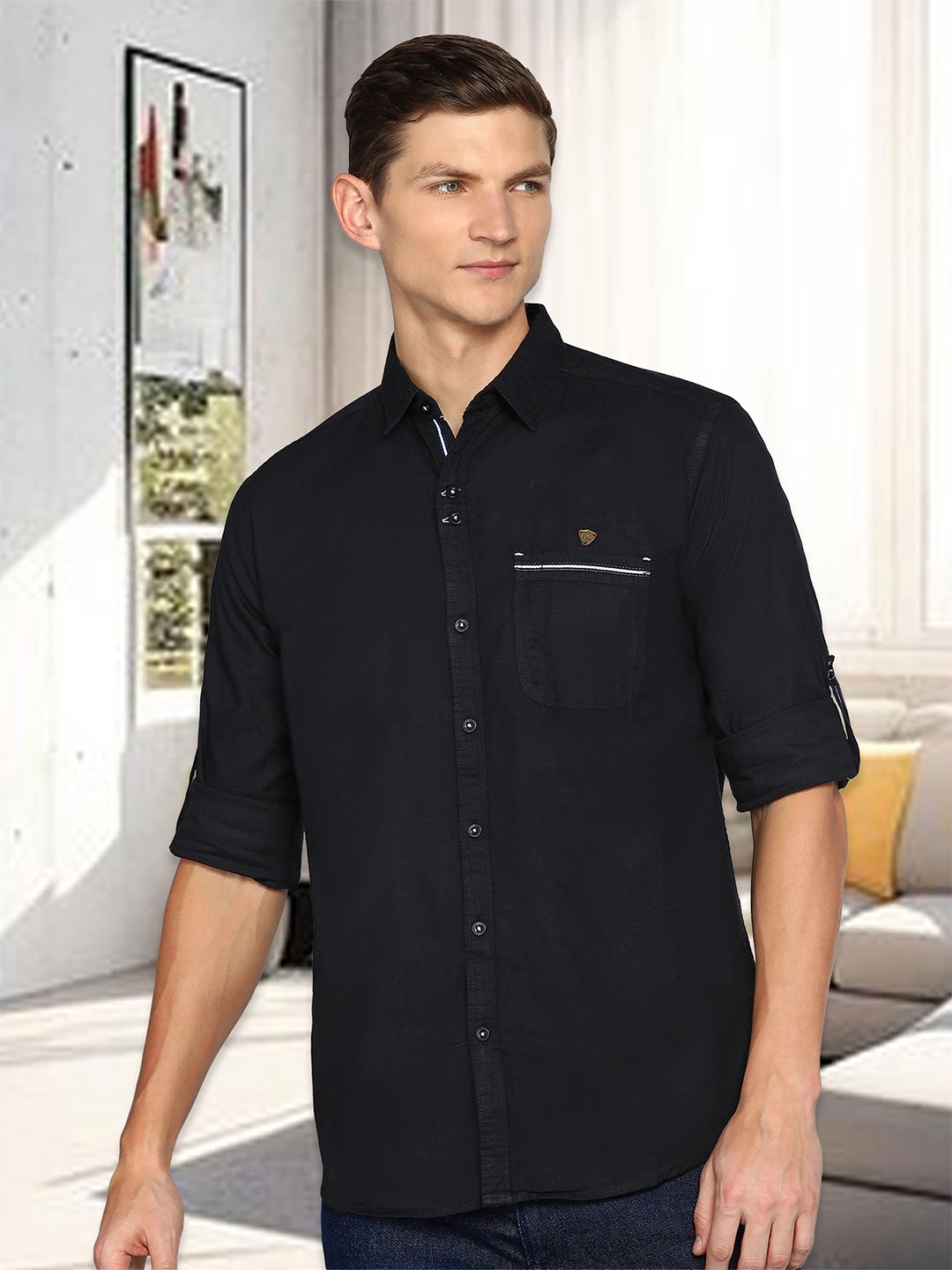 

Kuons Avenue Smart Slim Fit Spread Collar Linen Casual Shirt, Black