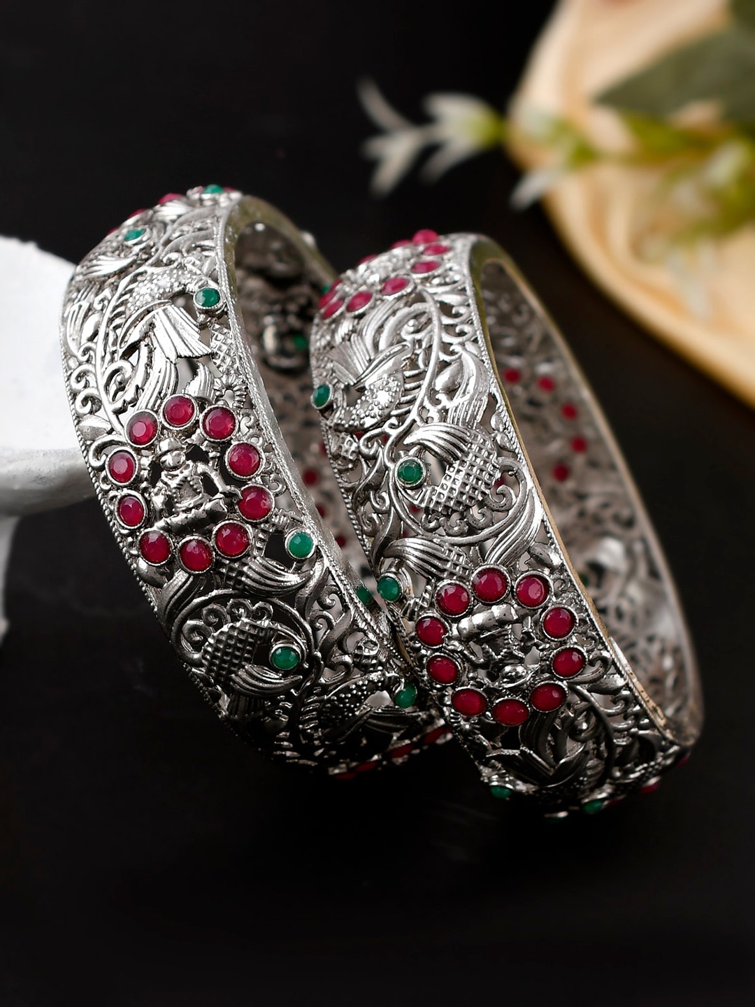 

Shoshaa Set Of 2 Oxidised Stone-Studded Bangles, Silver
