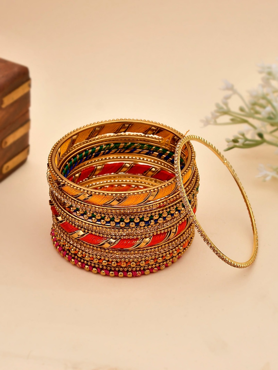 

Shoshaa Set Of 16 Gold-Plated Stone-Studded Bangle, Yellow