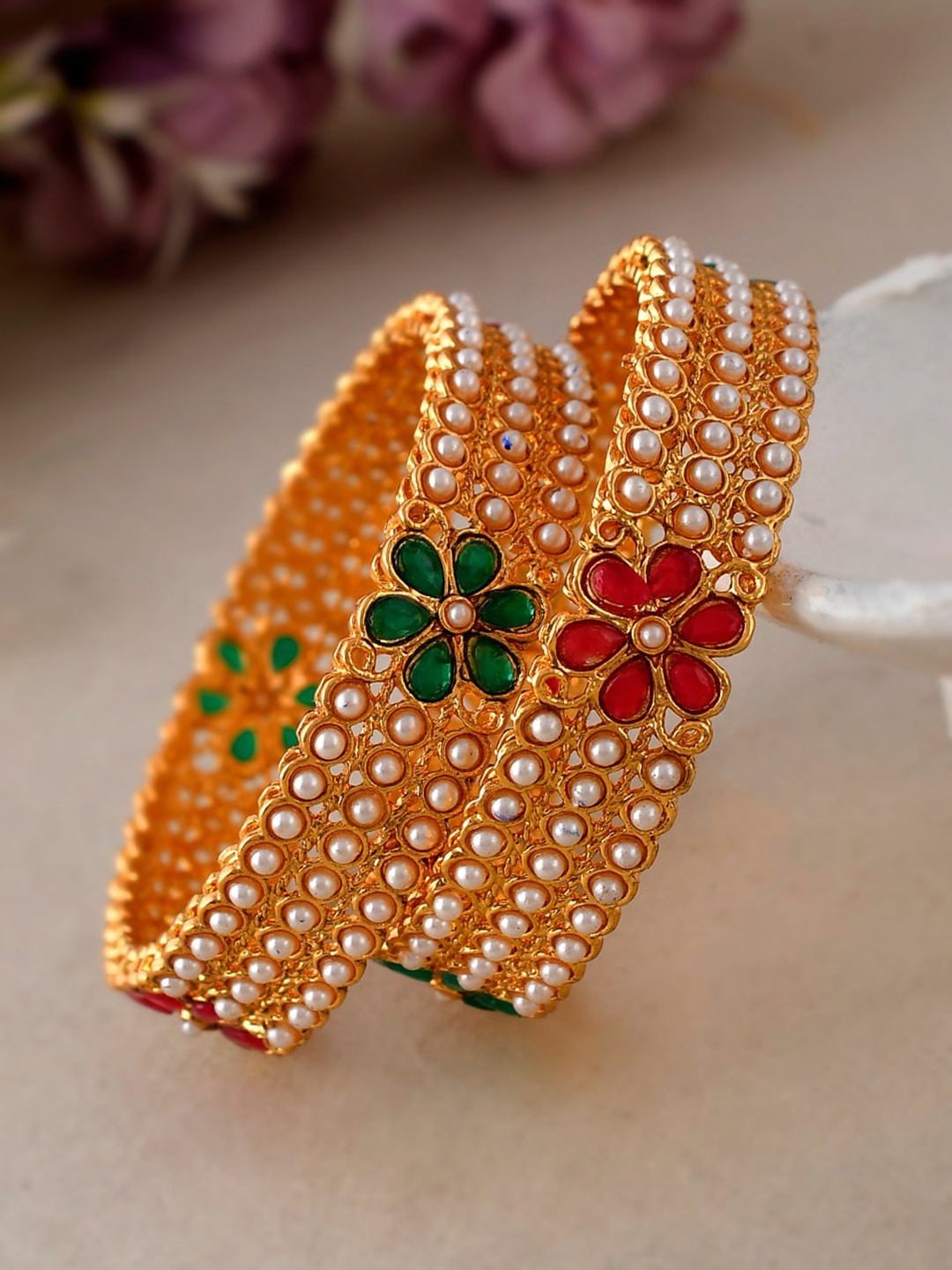 

Shoshaa Set Of 2 Gold-Plated Stone-Studded Bangles