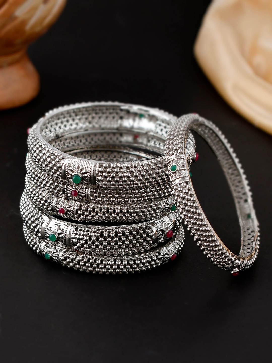 

Shoshaa Set Of 6 Oxidised Stone-Studded Bangles, Silver