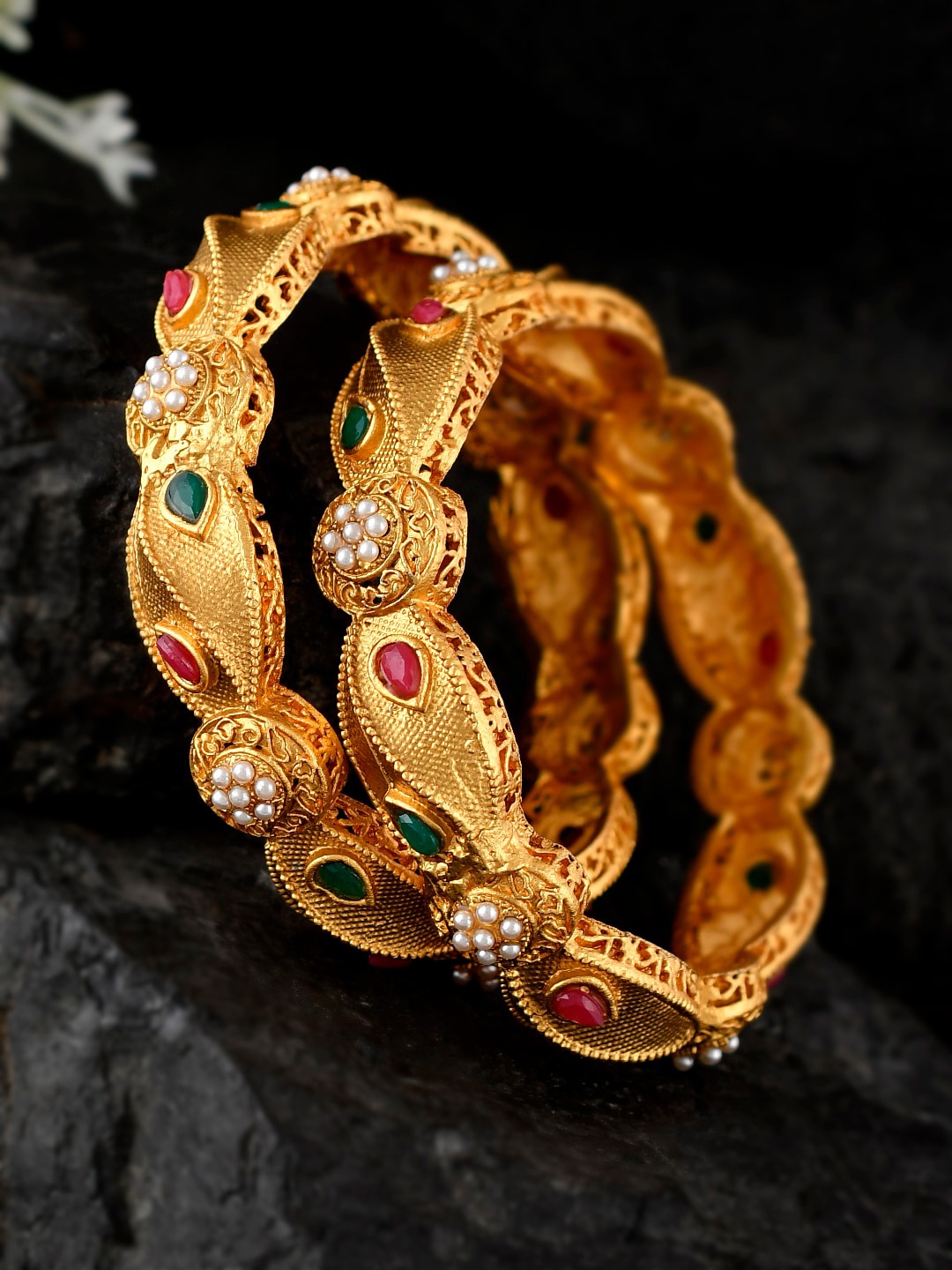 

Shoshaa Set Of 2 Stone-Studded Bangles, Gold