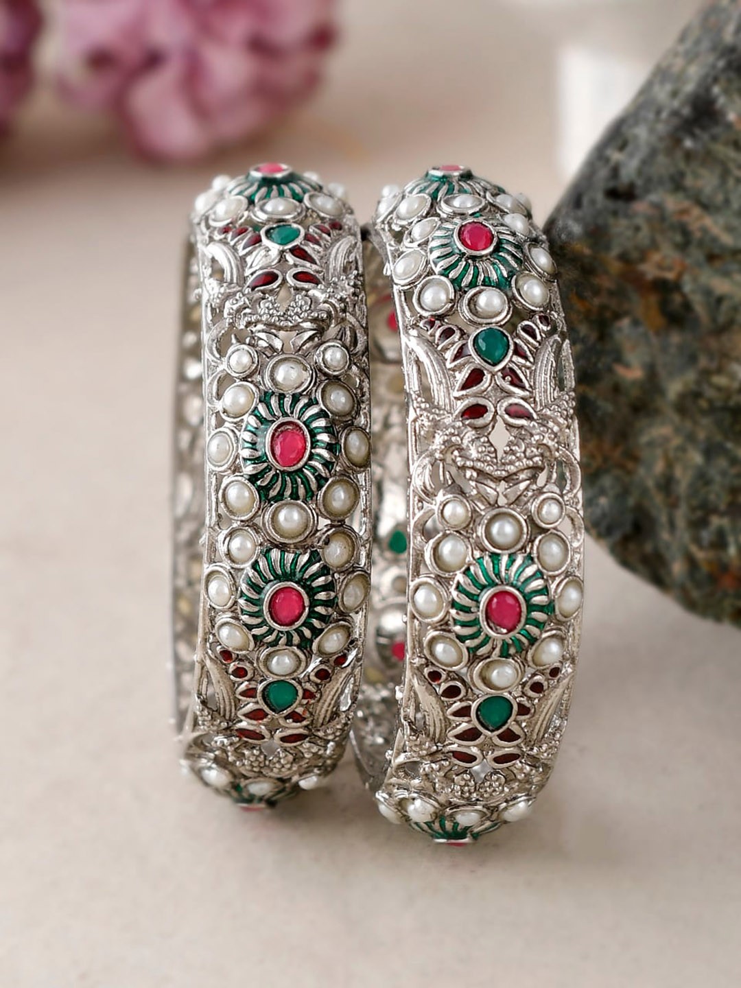 

Shoshaa Set Of 2 Silver-Plated Stone-Studded Bangles