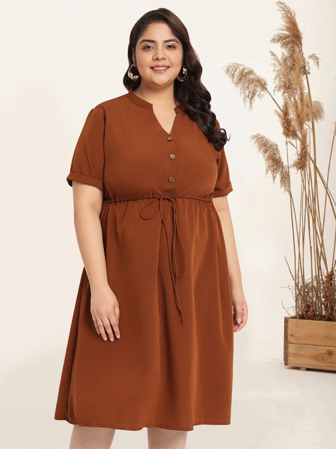 

wild U Plus Size Mandarin Collar Tie-Ups Detail Casual A-Line Dress, Brown