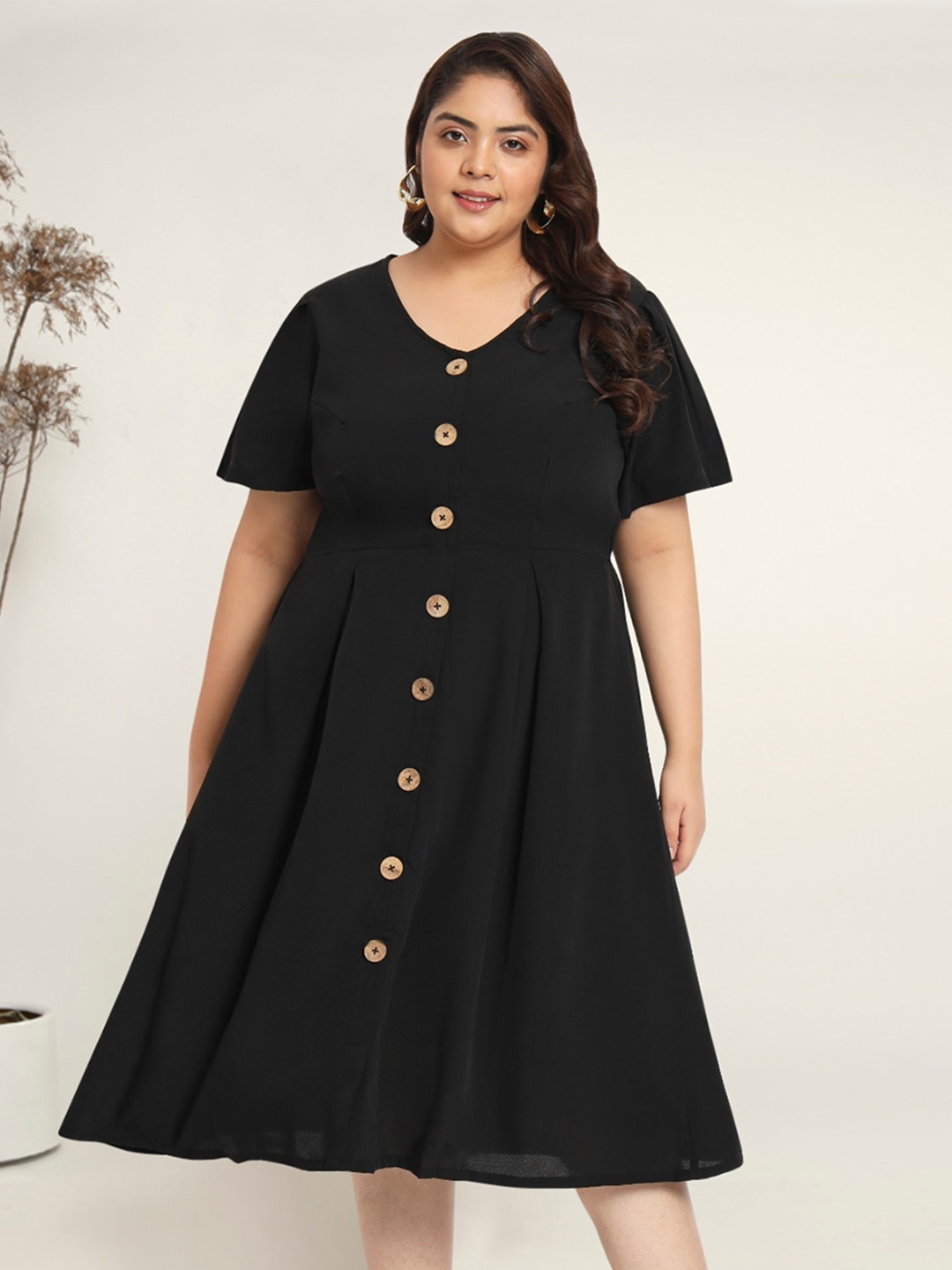 

wild U Plus Size V-Neck Casual Fit & Flare Midi Dress, Black