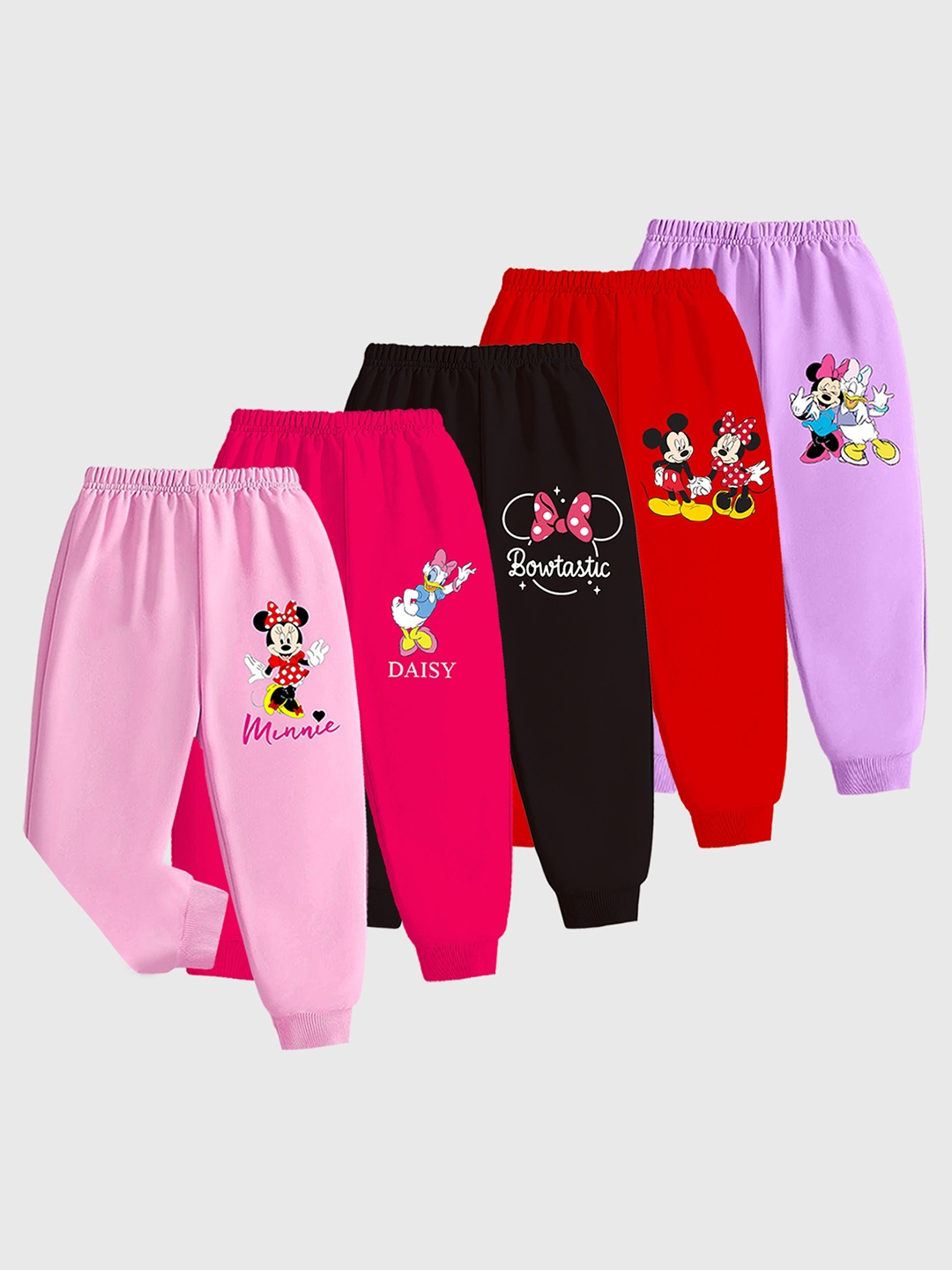 

KUCHIPOO Kids Pack Of 5 Mickey & Friends Printed Joggers, Red