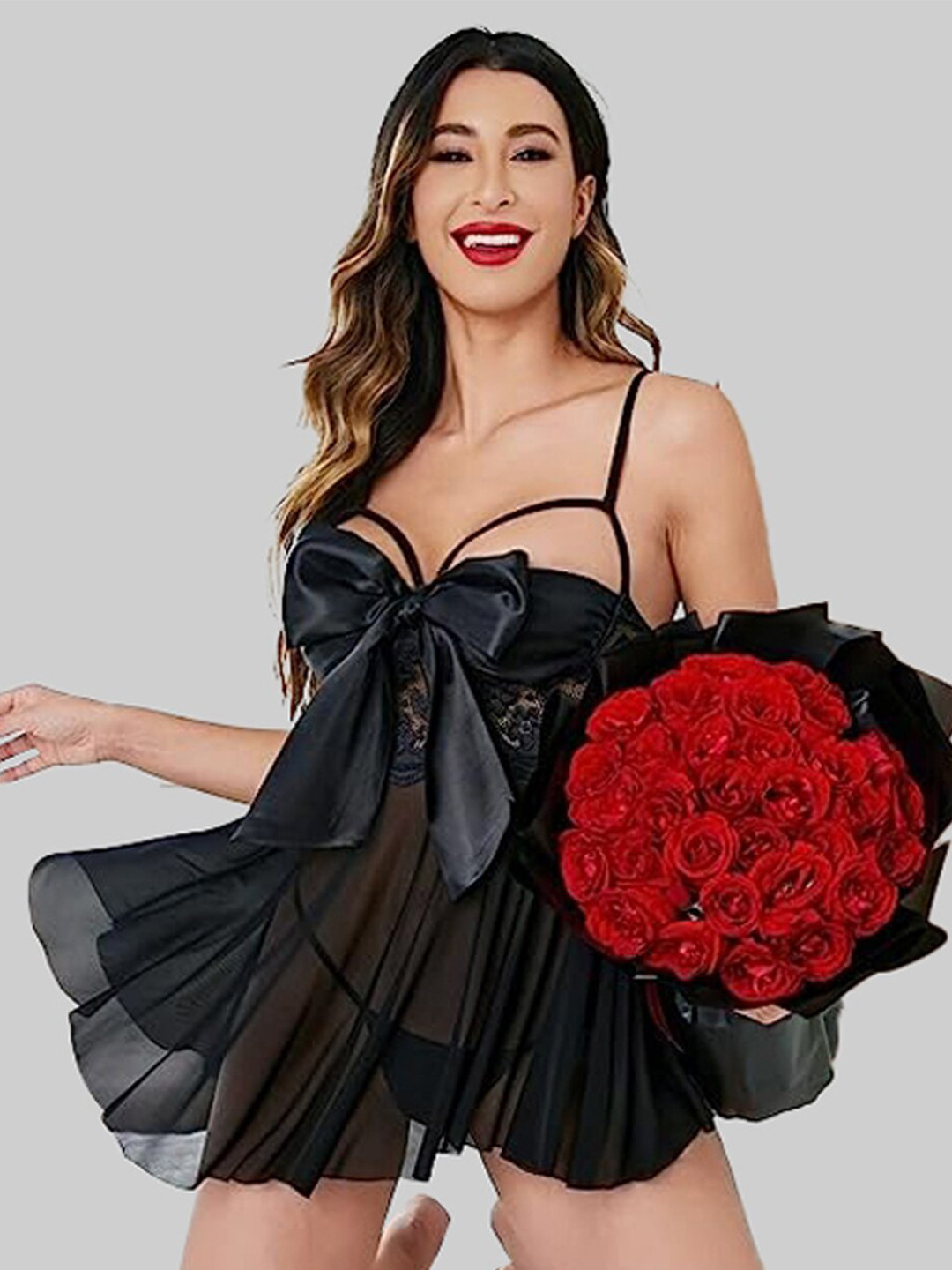 

VAGHBHATT Self Design Shoulder Straps Net Baby Doll, Black