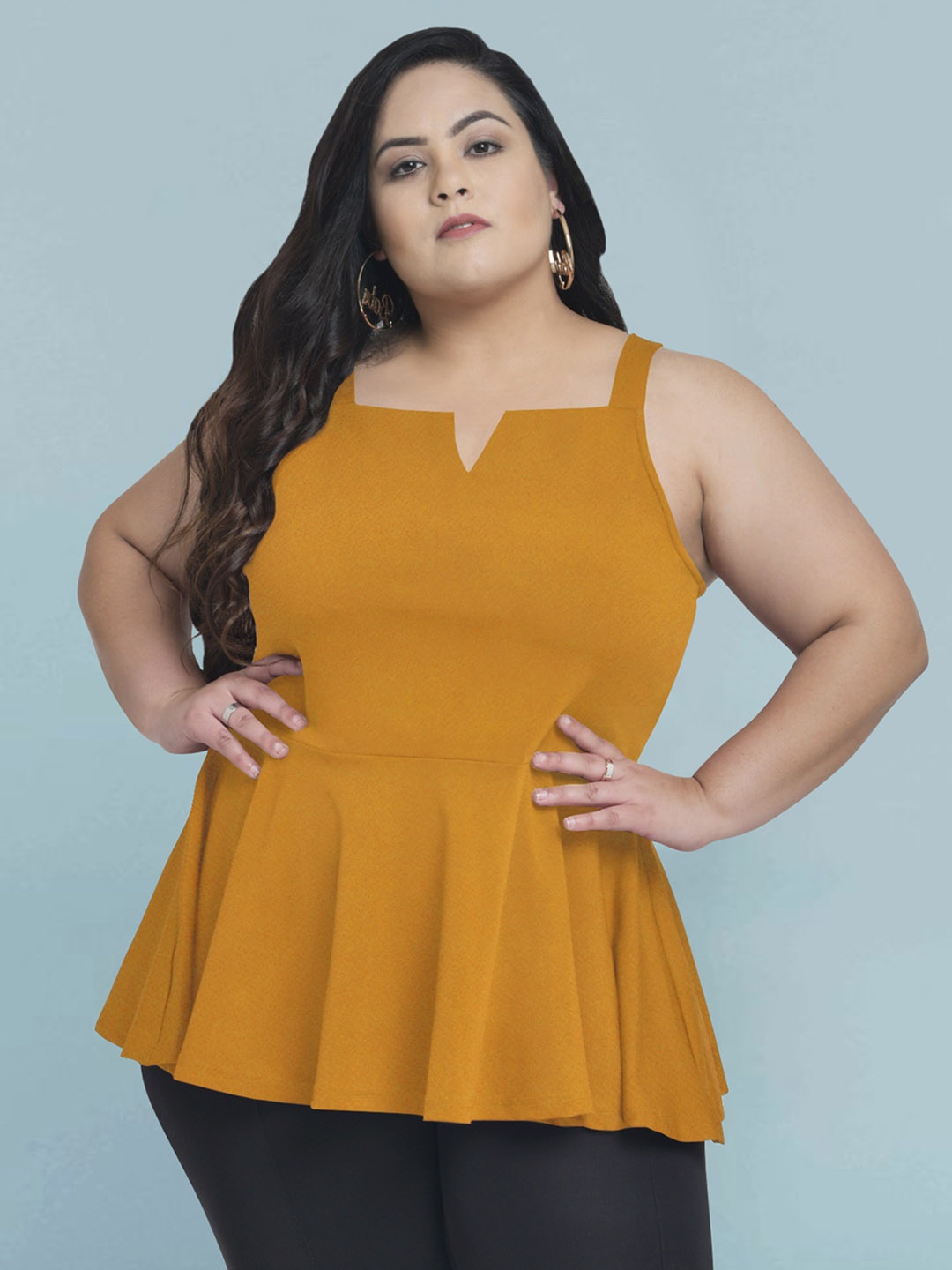 wild U Plus Size Solid Square Neck Sleeveless Casual Peplum Top, Mustard