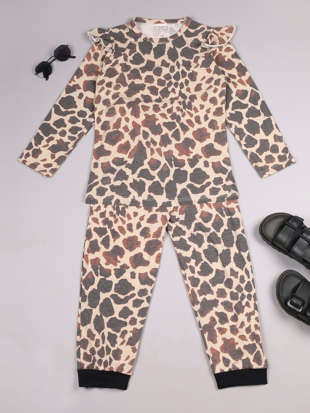 

RAINE AND JAINE Girls Abstract Printed Pure Cotton Nightsuit, Camel brown
