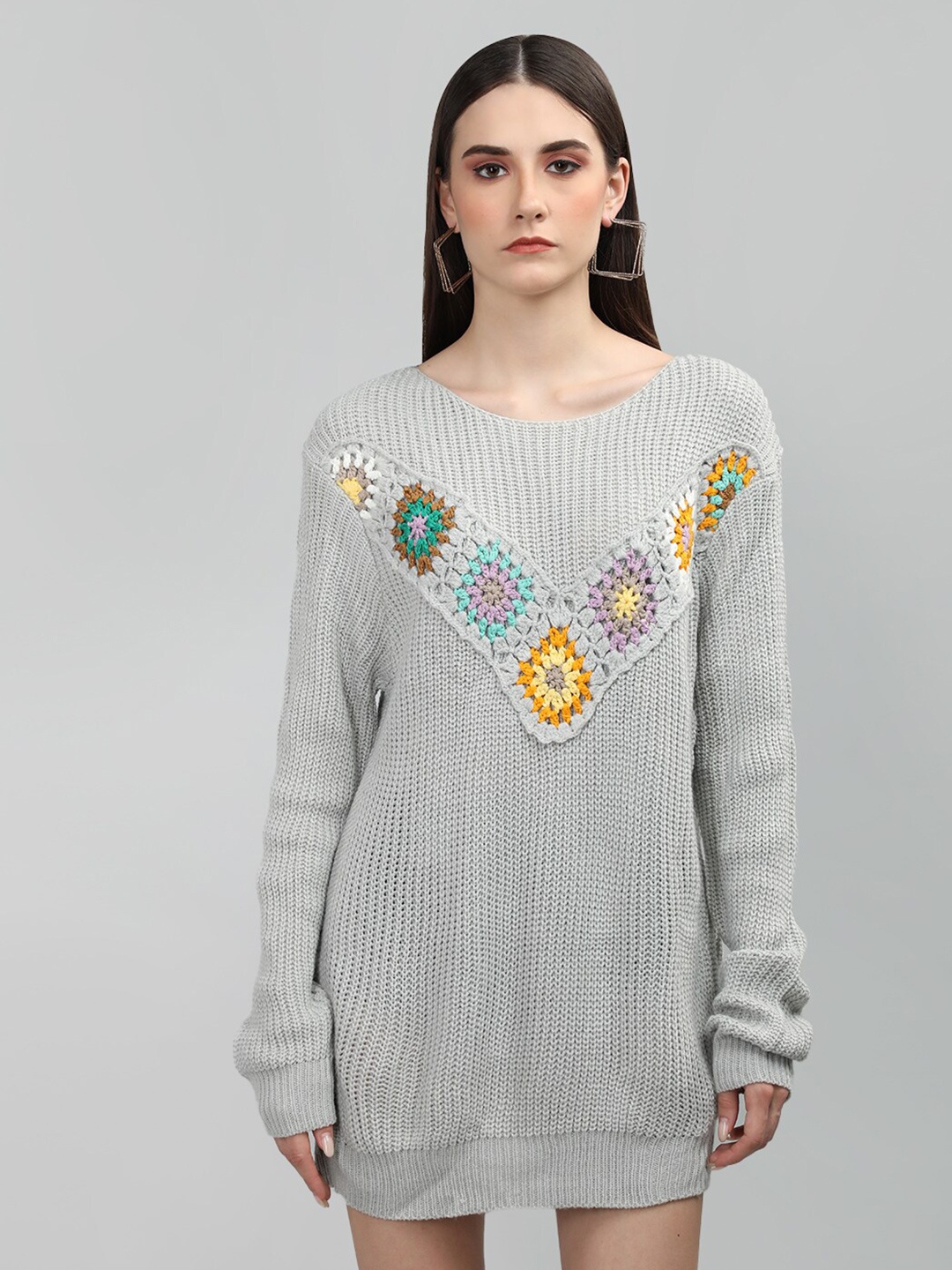 

Dlanxa Self Design Crochet Sheath Mini Dress, Grey