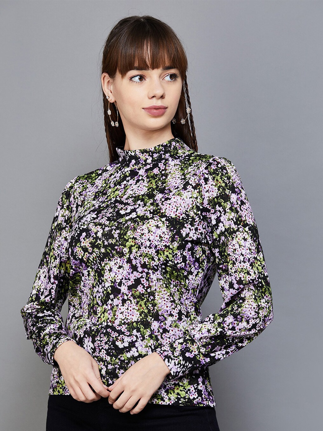 Fame Forever by Lifestyle Floral Printed High Neck Top, Black