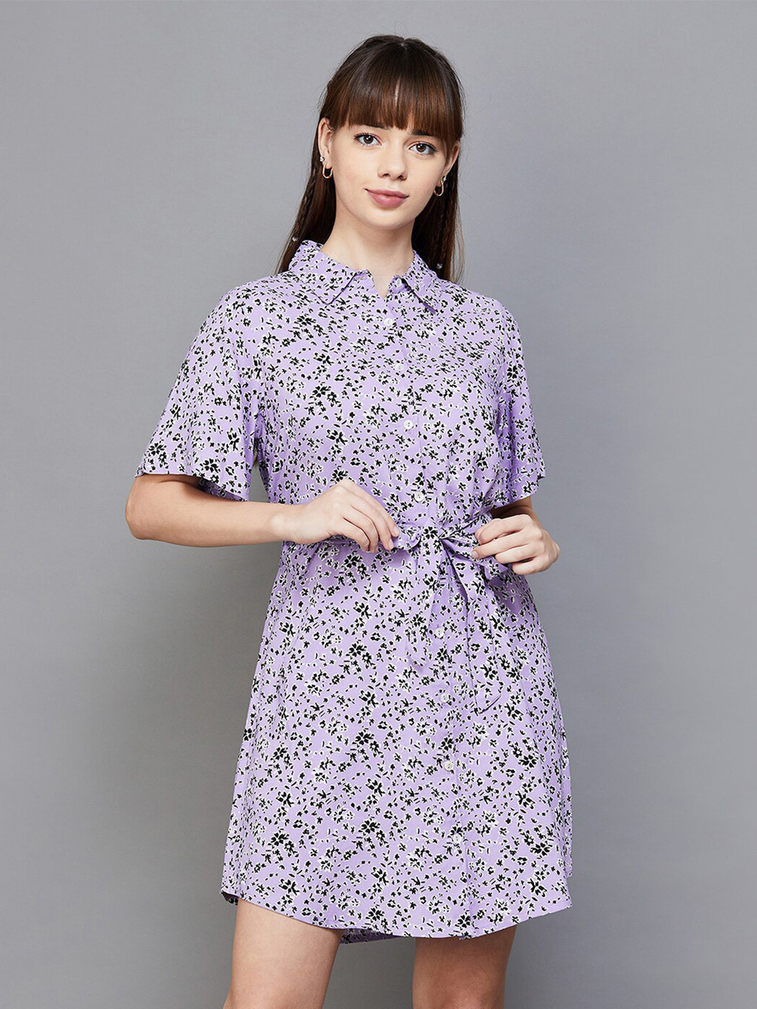 

Fame Forever by Lifestyle Floral Printed Belt Detailed Shirt Collar Shirt Style Dress, Purple