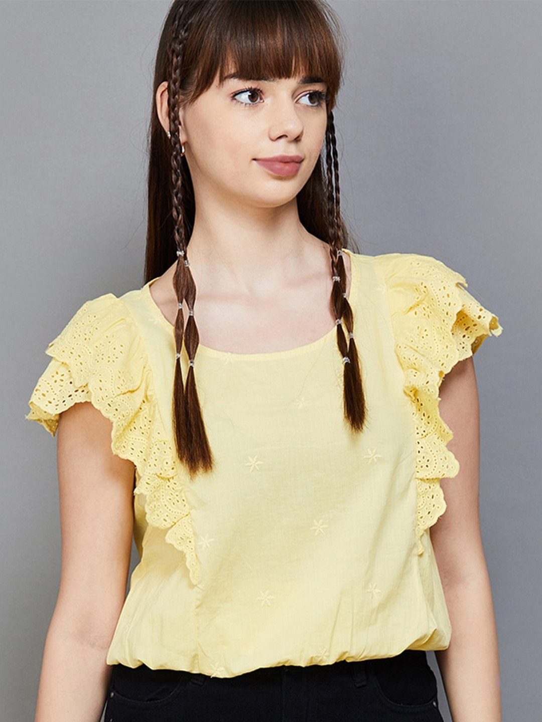

Fame Forever by Lifestyle Flutter Sleeve Blouson Top, Yellow