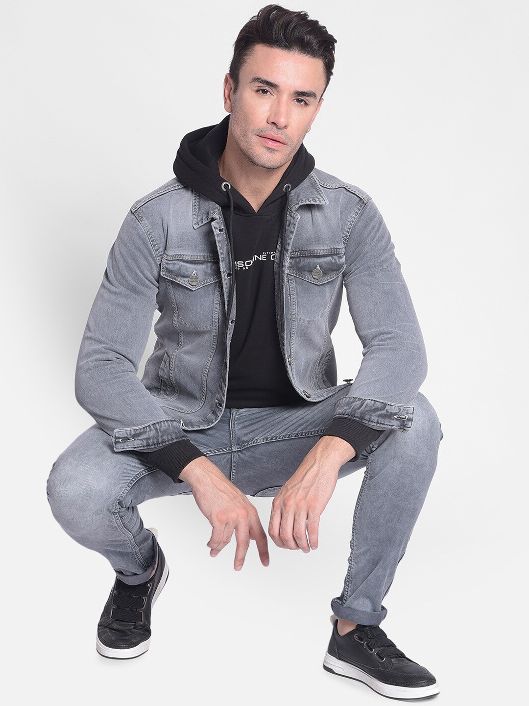 

Crimsoune Club Washed Spread Collar Denim Jacket, Grey