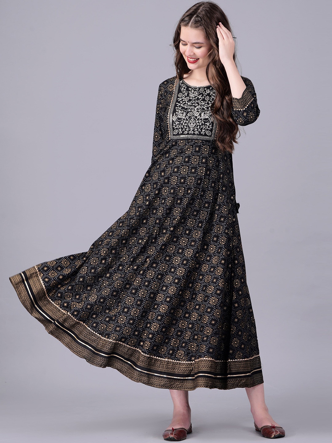 

KALINI Ethnic Motifs Printed Ethnic Dress, Black