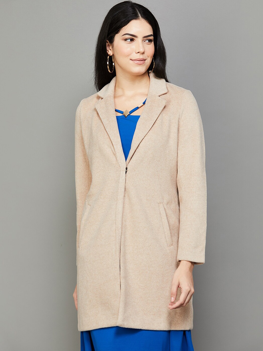 

CODE by Lifestyle Notched Lapel Collar Long Sleeves Long Sleeves Longline Overcoat, Beige