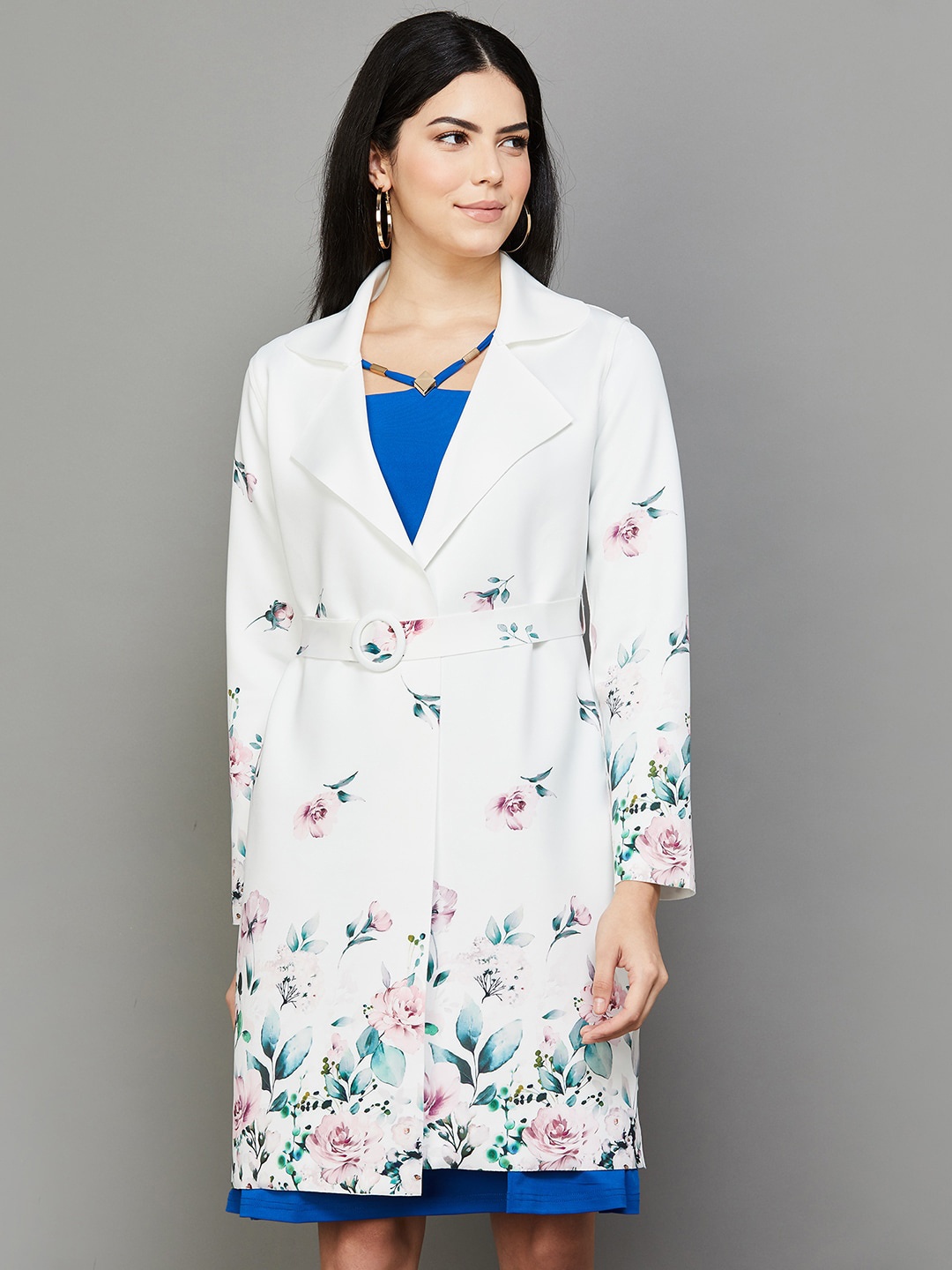 

CODE by Lifestyle Floral Printed Notched Lapel Collar Long Sleeves Longline Overcoat, White