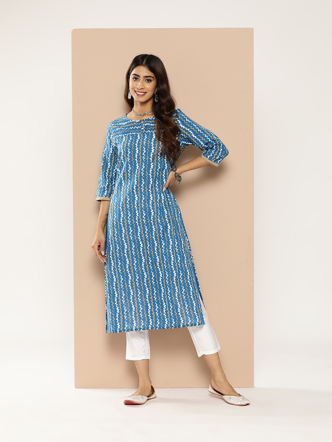 HERE&NOW Abstract Printed Pure Cotton Kurta, Blue