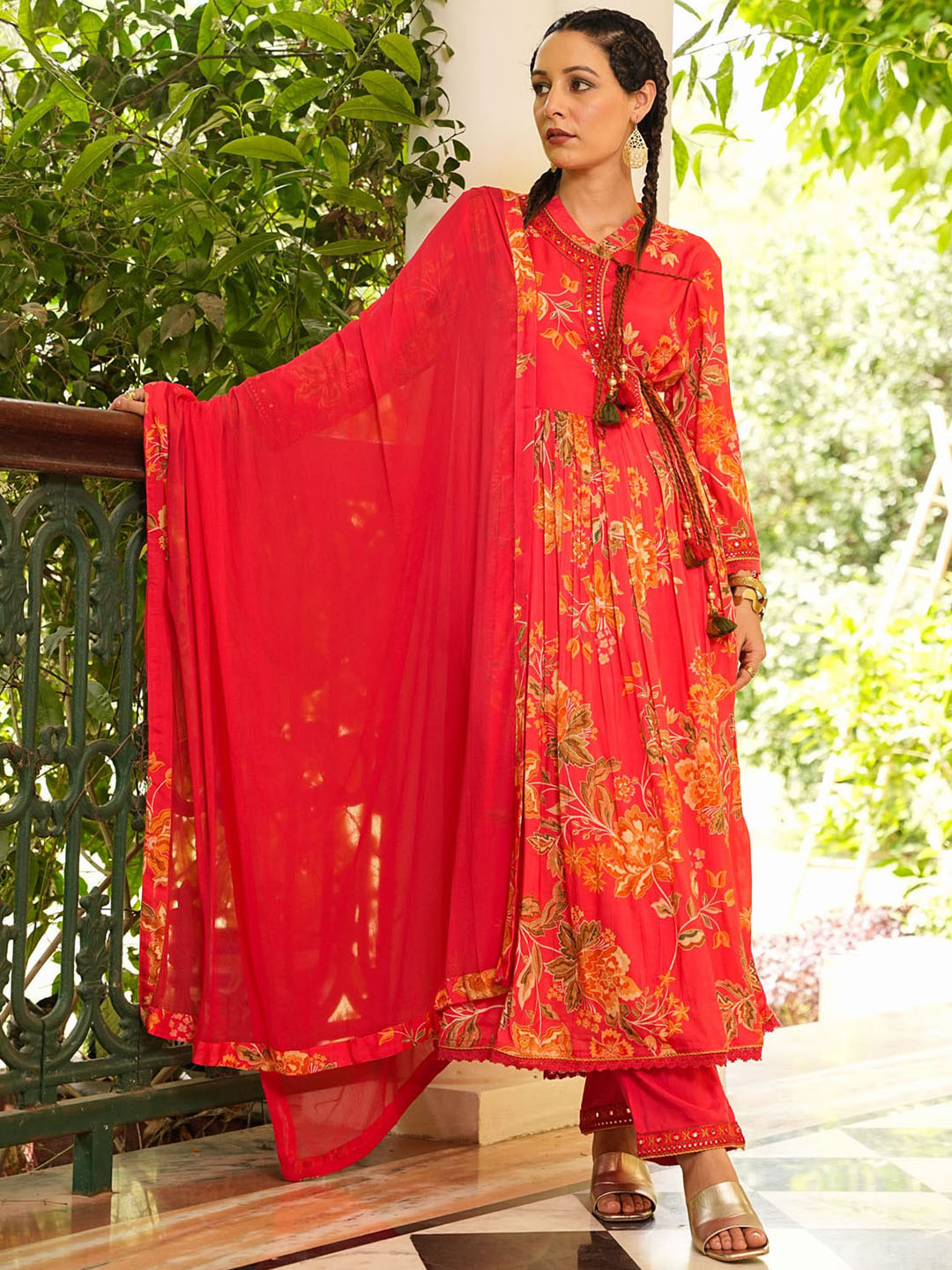 

FASHION DWAR Floral Printed Angrakha Anarkali Kurta with Trousers & With Dupatta, Red