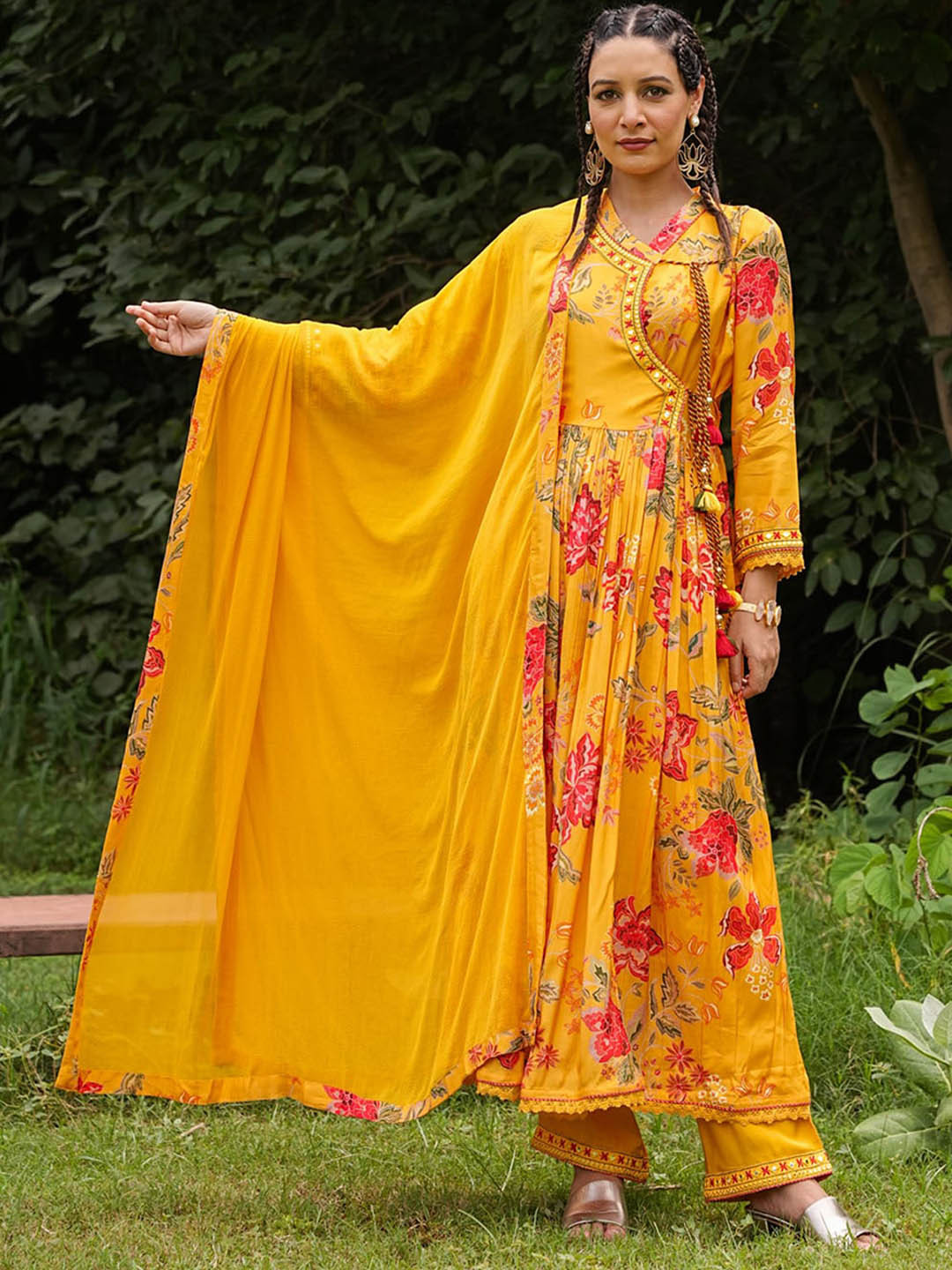 

FASHION DWAR Floral Printed Angrakha Anarkali Kurta with Trousers & With Dupatta, Yellow