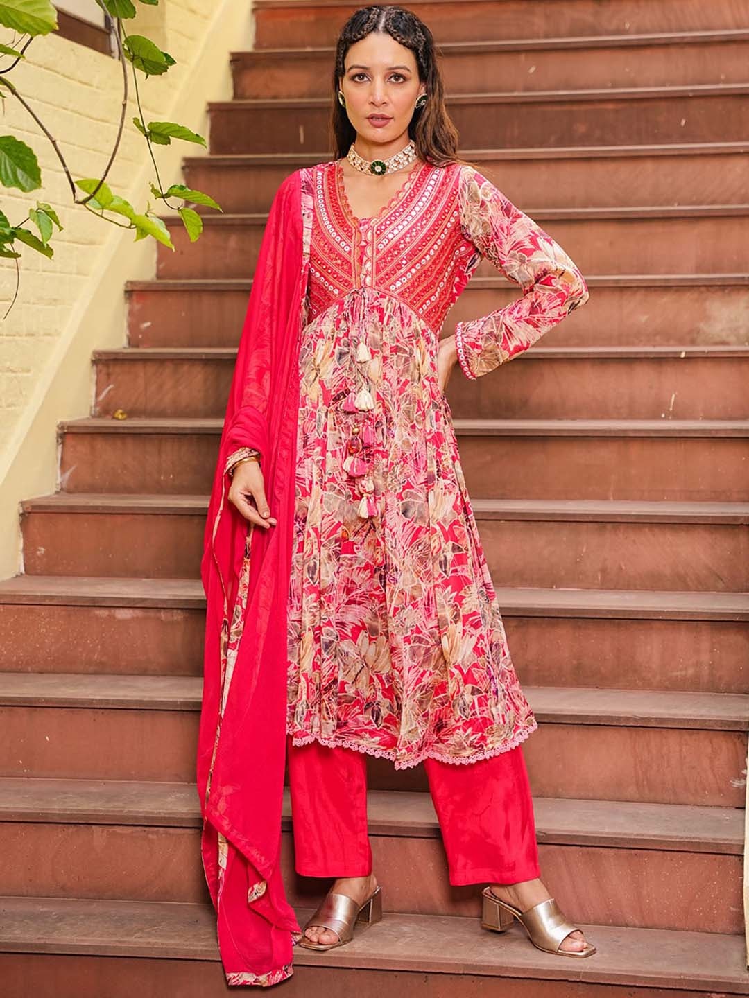 

FASHION DWAR Floral Printed Empire Mirror Work A-line Kurta With Trousers & Dupatta, Fuchsia