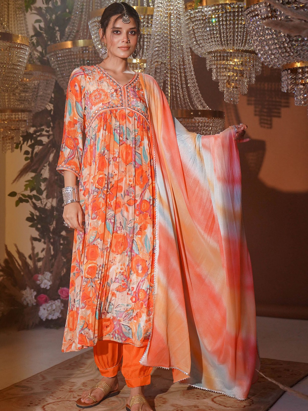 

FASHION DWAR Floral Printed Empire Anarkali Kurta With Trousers & Dupatta, Orange