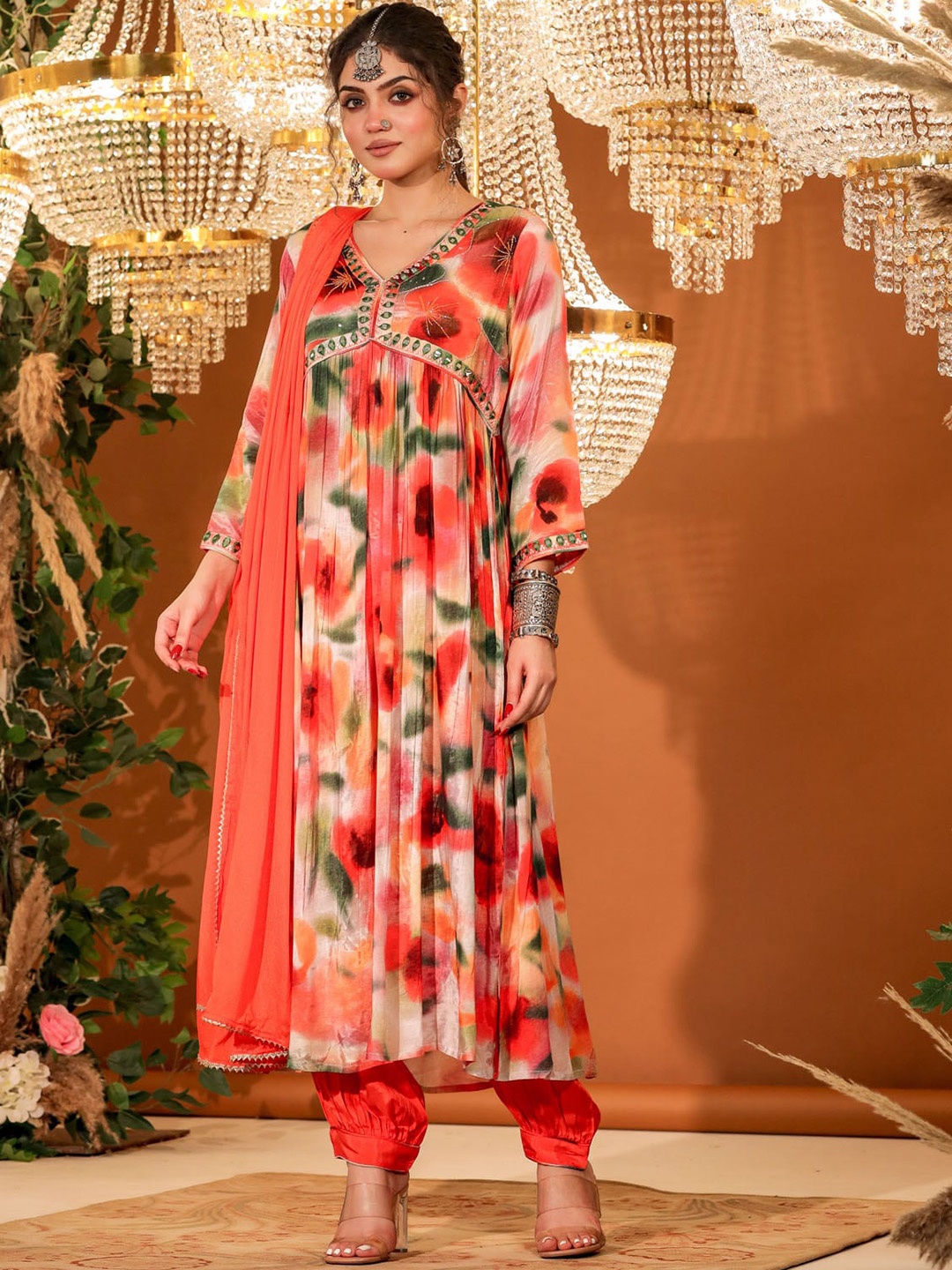 

FASHION DWAR Abstract Printed V-Neck Mirror Work Empire Kurta With Salwar & Dupatta, Red