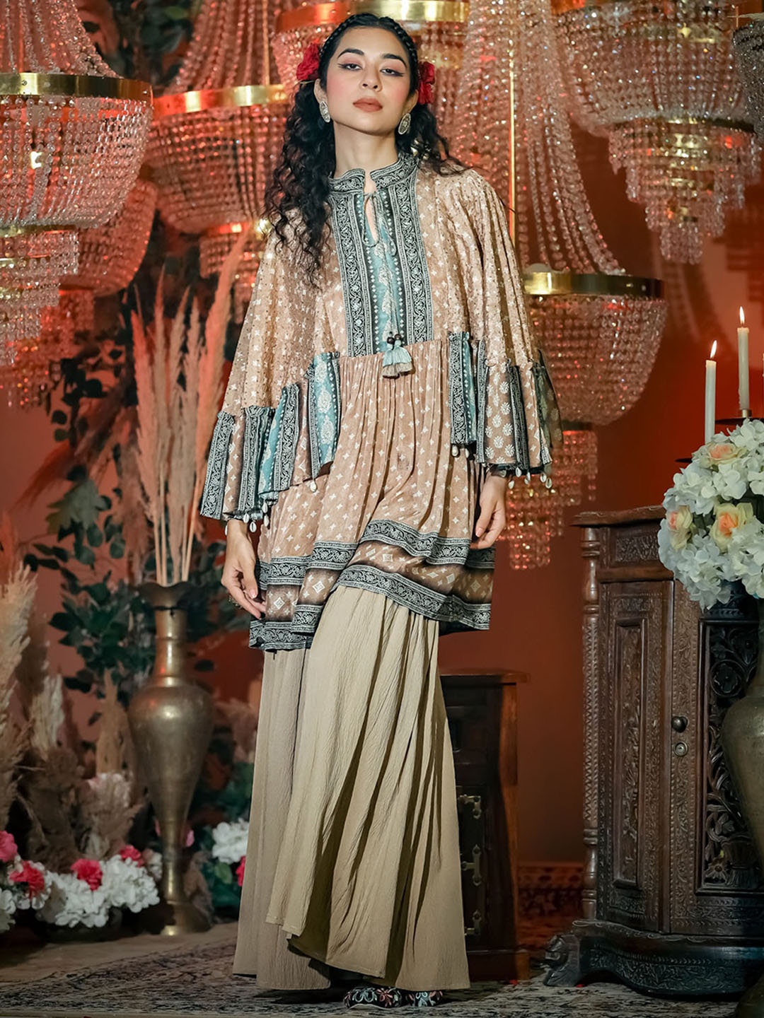 

FASHION DWAR Ethnic Motifs Printed Tie-Up Neck Anarkali Kurta With Sharara, Beige