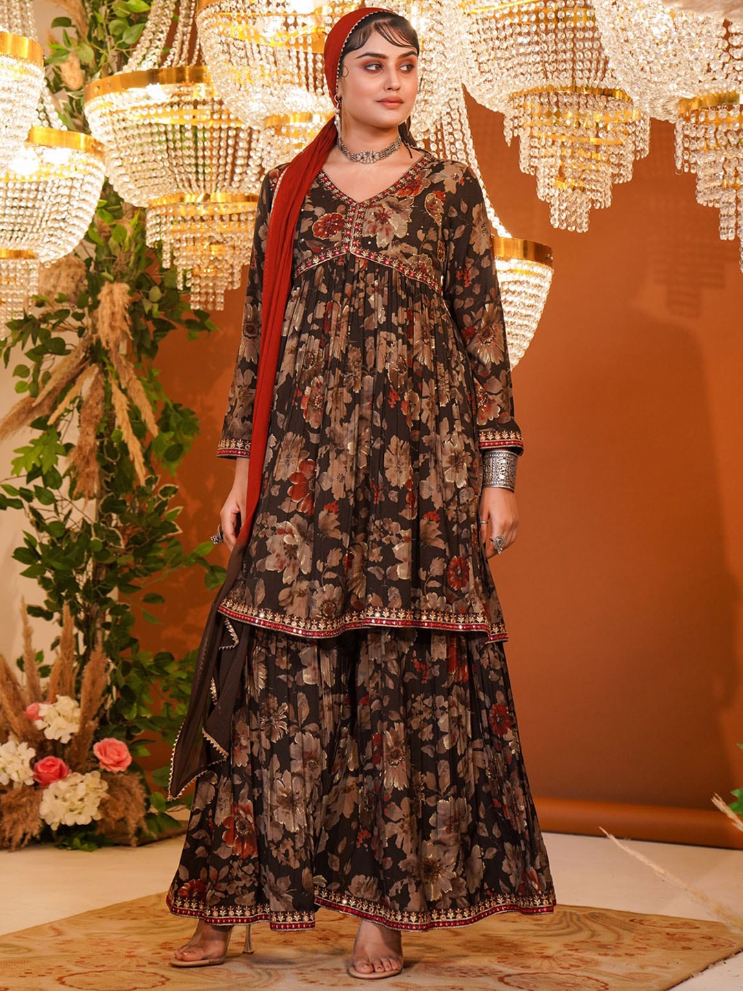 

FASHION DWAR Floral Printed V-Neck Sequinned Empire Kurta With Sharara & Dupatta, Brown