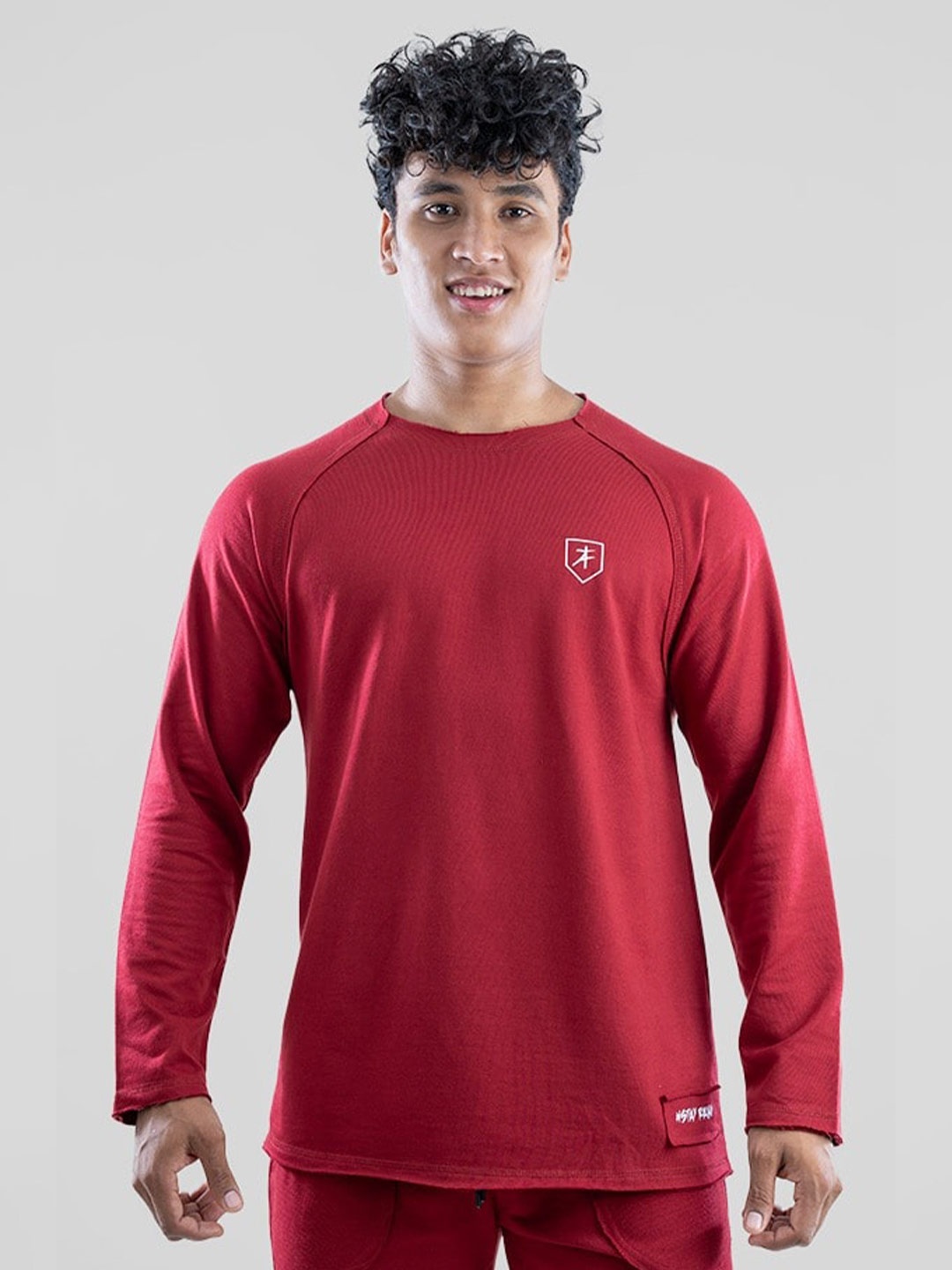 

Athflex Round Neck Raglan Sleeves Raw Edge Cotton Longline Oversized T-shirt, Maroon