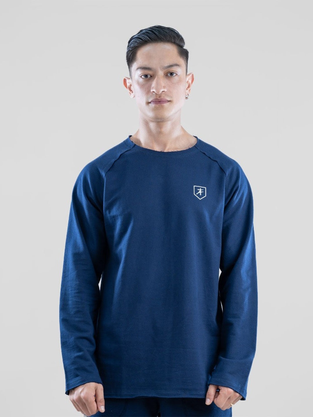 

Athflex Round Neck Raglan Sleeves Raw Edge Cotton Longline Oversized T-shirt, Navy blue