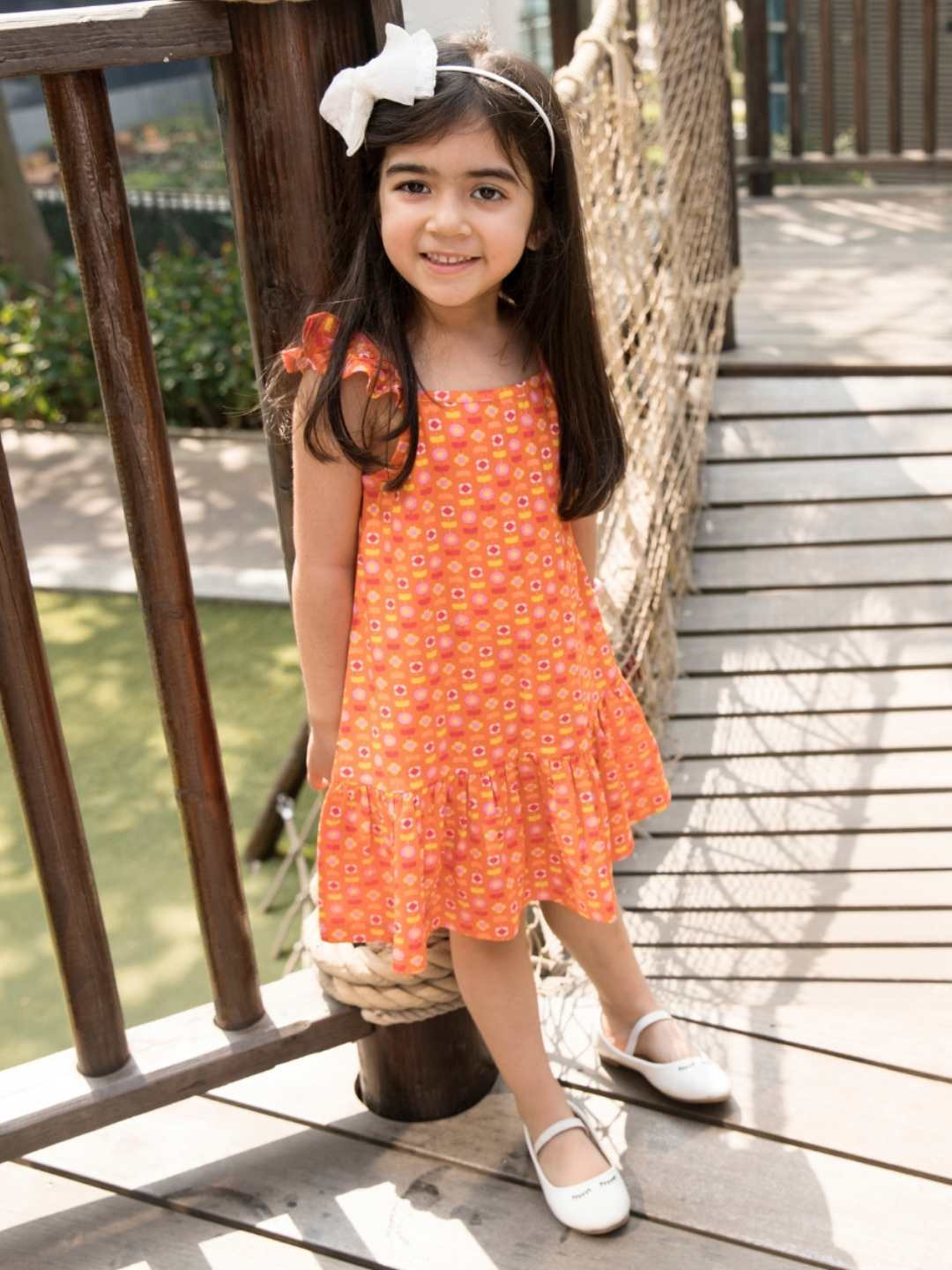 

Ola! Otter Floral Printed Shoulder Strap Organic Cotton A-Line Dress, Orange