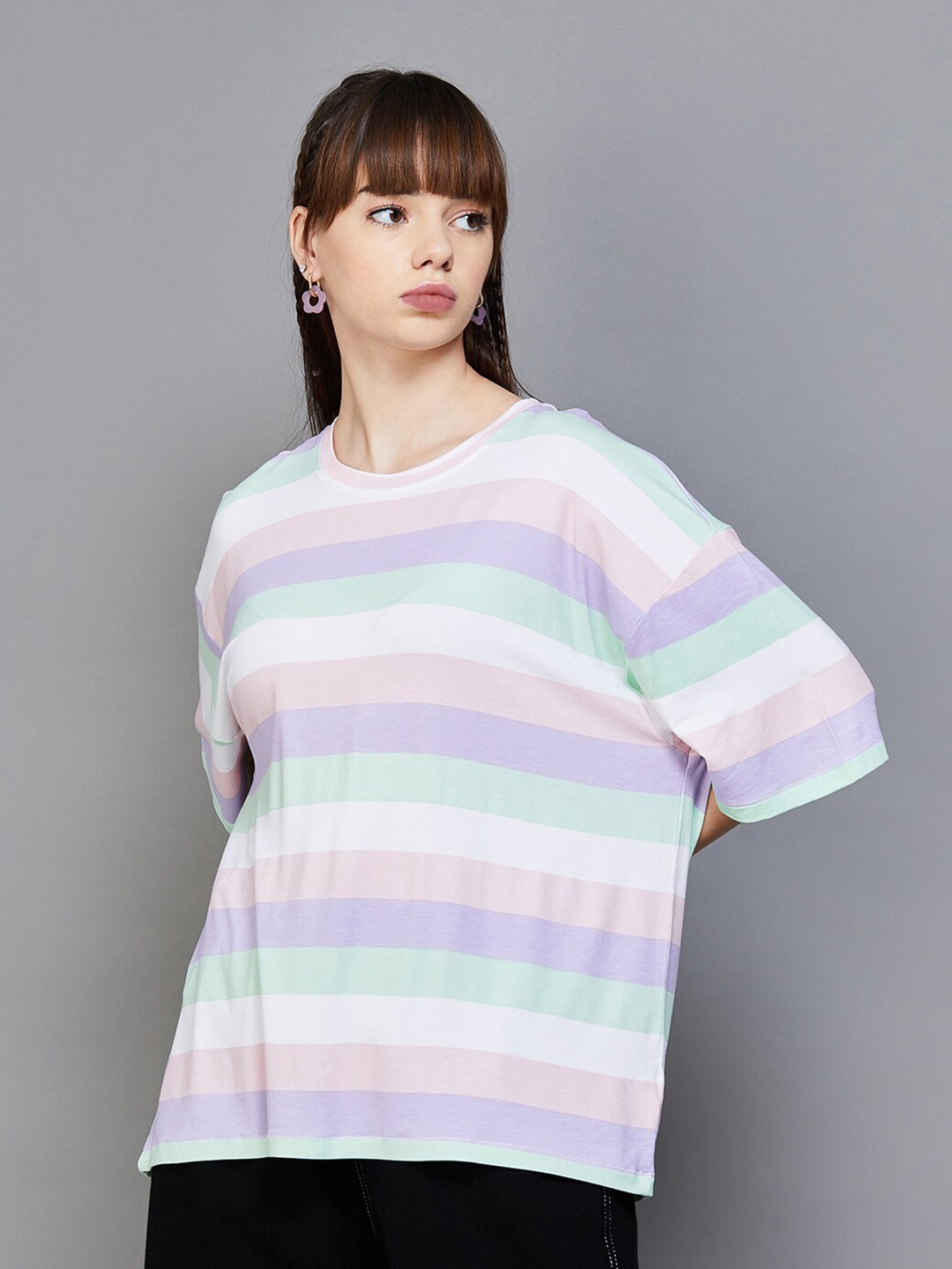 

Ginger by Lifestyle Striped Drop Shoulder Oversized Cotton T-shirt, Pink