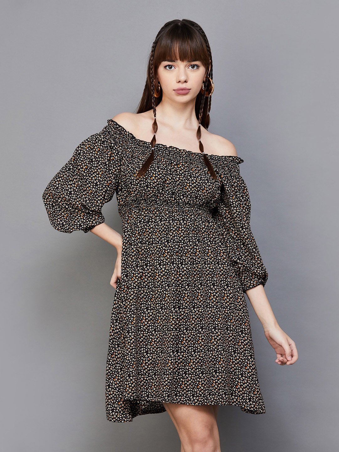

Ginger by Lifestyle Printed Off-Shoulder Puff Sleeve Smocked Fit & Flare Above Knee Dress, Black