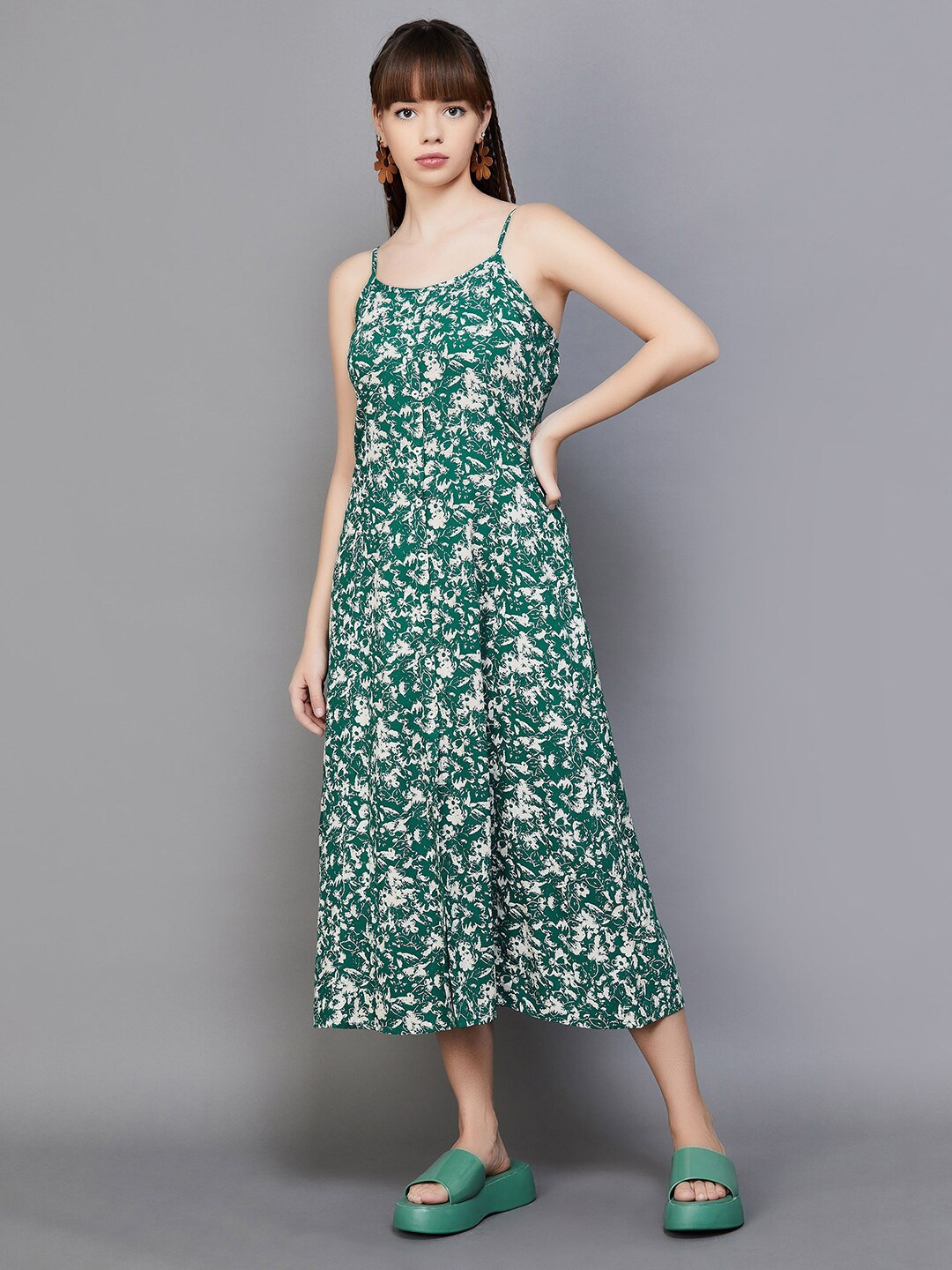 

Ginger by Lifestyle Floral Printed Shoulder Strap Neck A-Line Midi Dress, Green