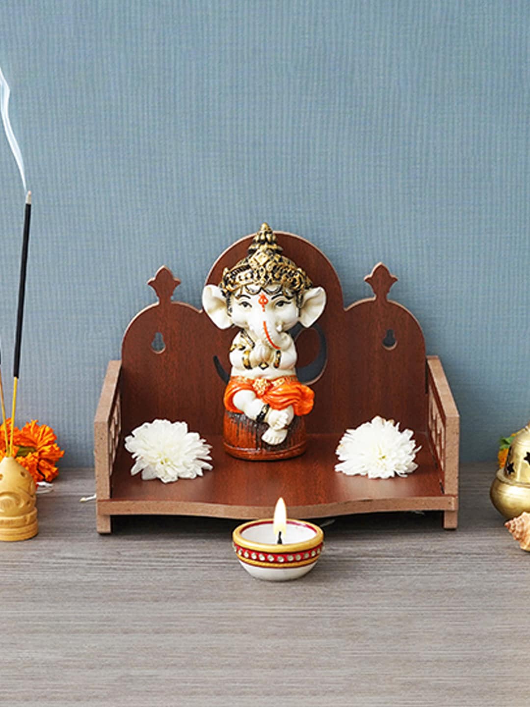 eCraftIndia Brown Om Symbol Decorative Wooden Pooja Temple