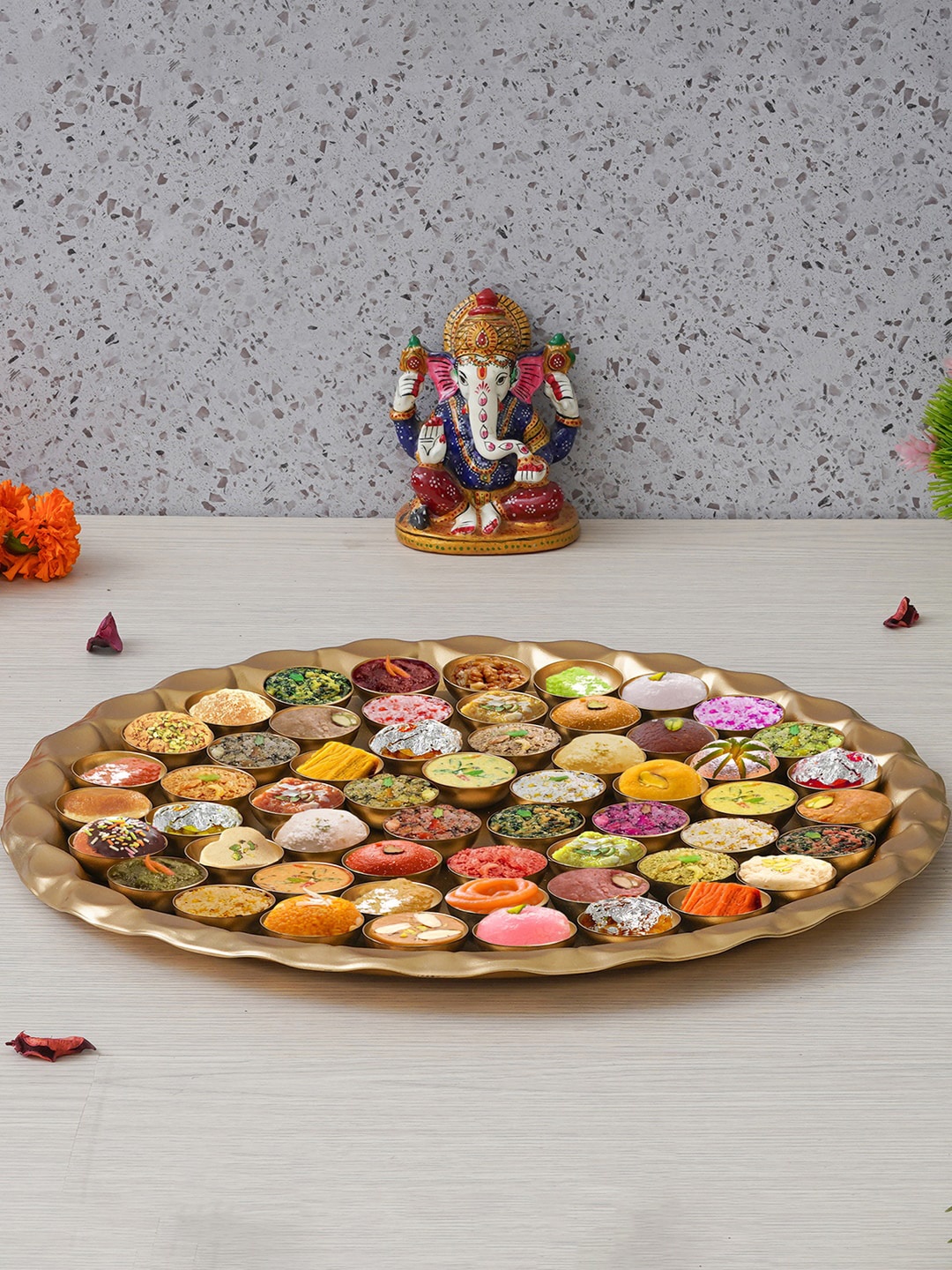 

eCraftIndia Golden Handcrafted 56 Bhog Metal Pooja Thali, Gold