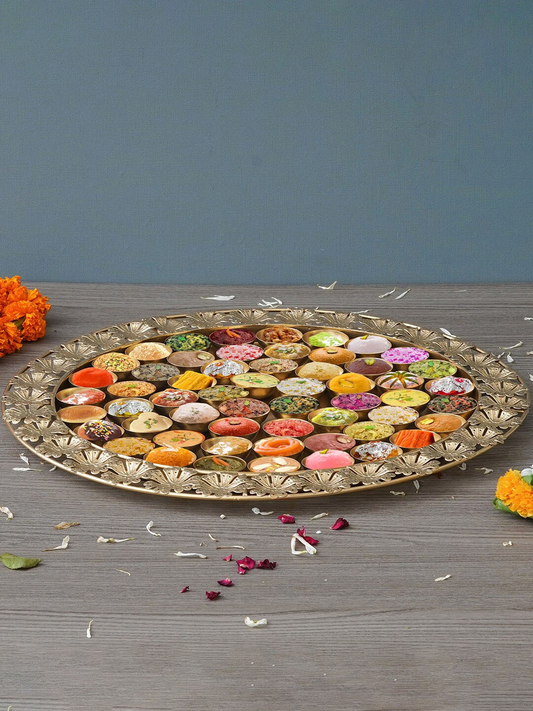 

eCraftIndia Golden Floral Designer 56 Bhog Metal Pooja Thali, Gold