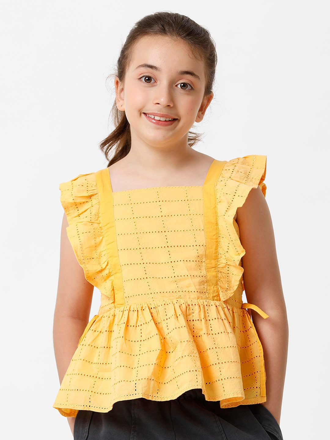 

KATE & OSCAR Girls Self Design Square Neck Flutter Sleeves Schiffli Cotton Peplum Top, Yellow