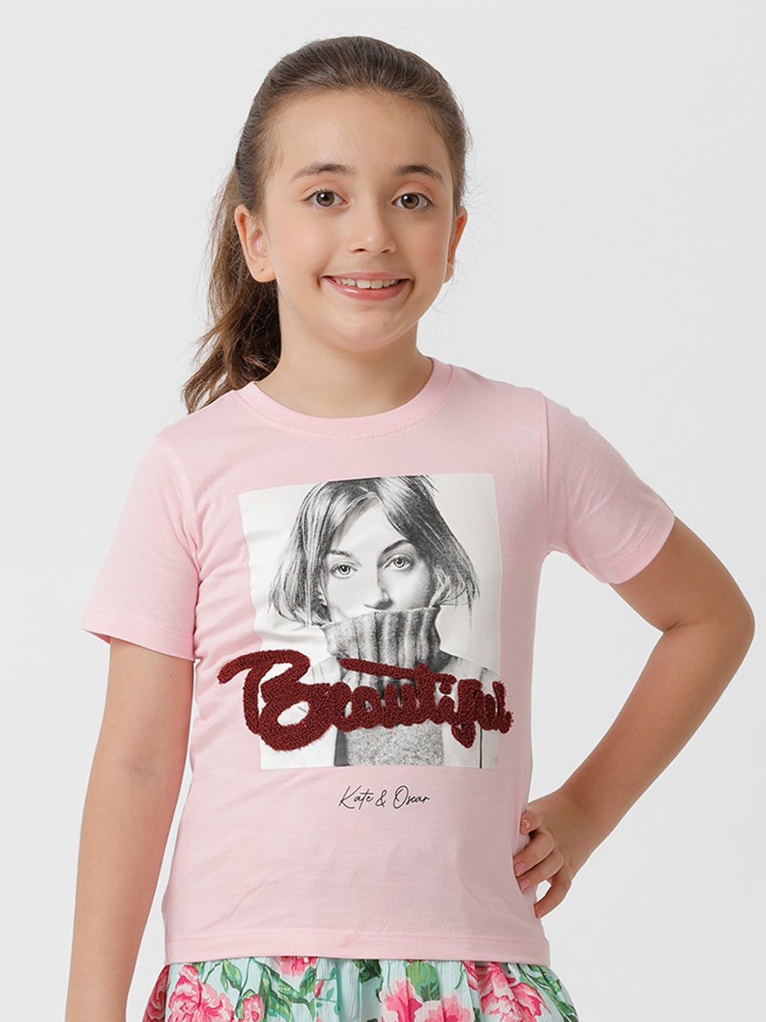 KATE & OSCAR Girls Graphic Printed Applique Cotton T-shirt, Pink