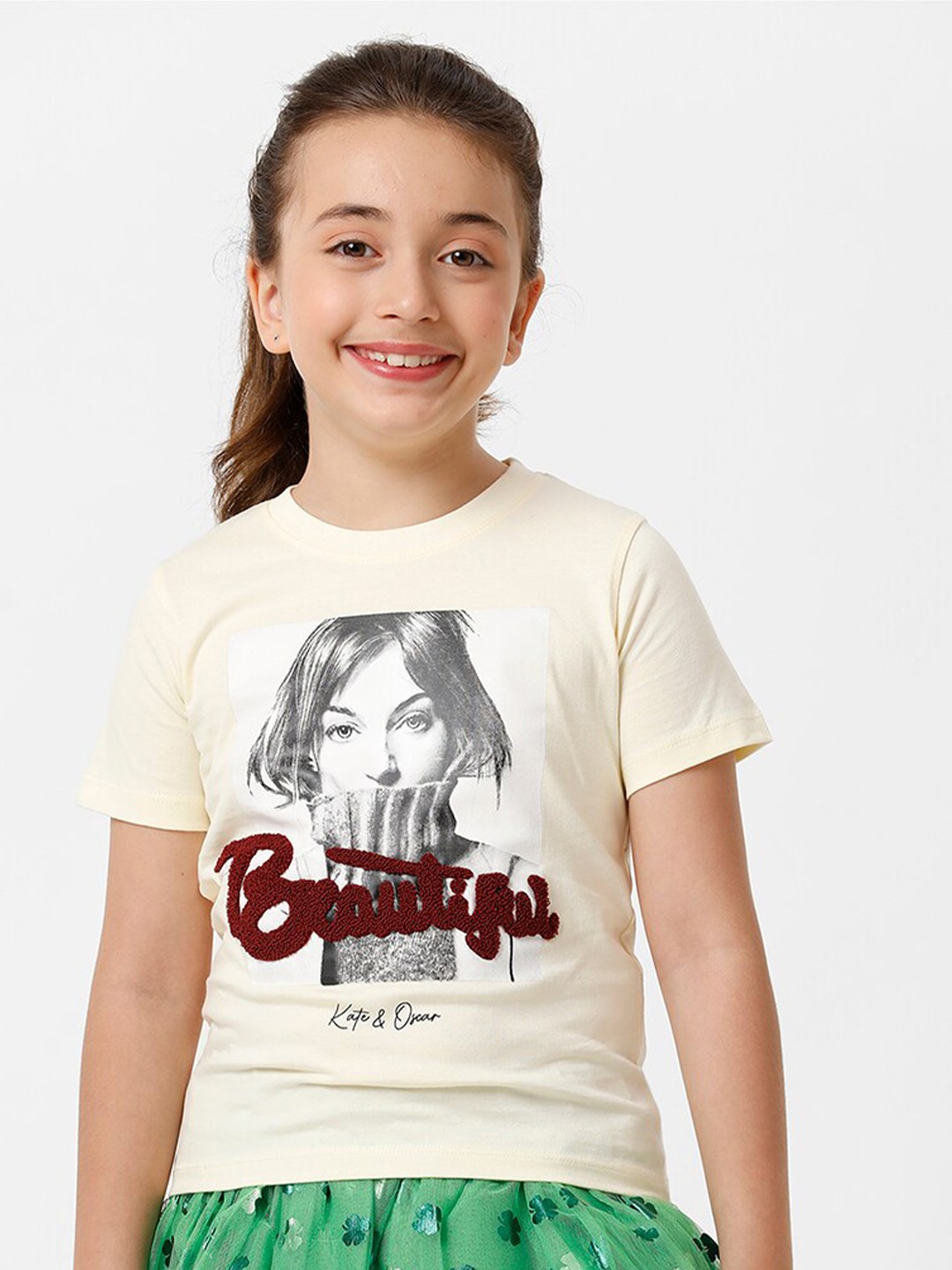 

KATE & OSCAR Girls Graphic Printed Applique Cotton T-shirt, Yellow