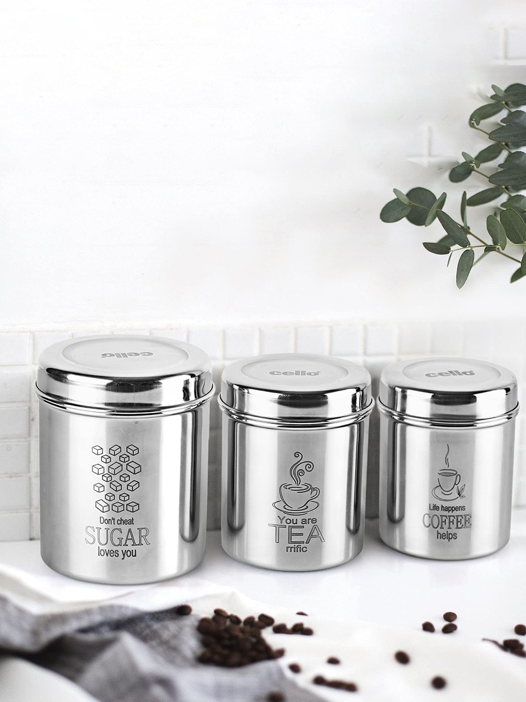 

Cello 3 Pieces Silver Toned Tea, Sugar and Coffee Stainless Steel Storage Jar