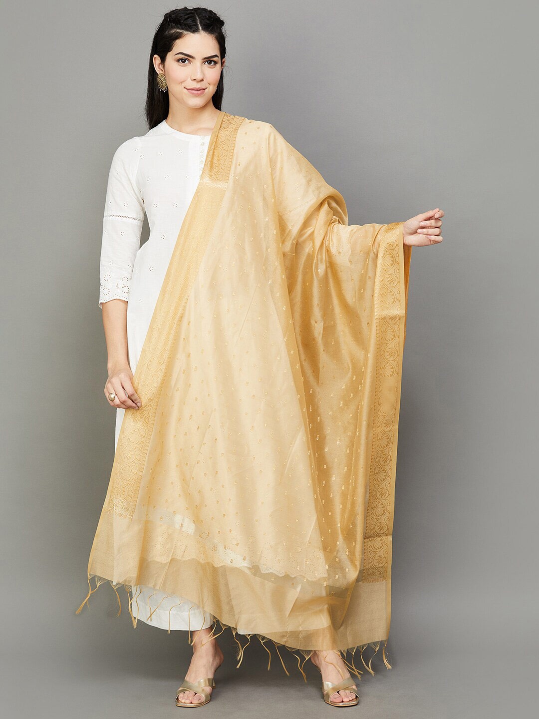 

Melange by Lifestyle Ethnic Motifs Woven Design Chanderi Dupatta, Gold