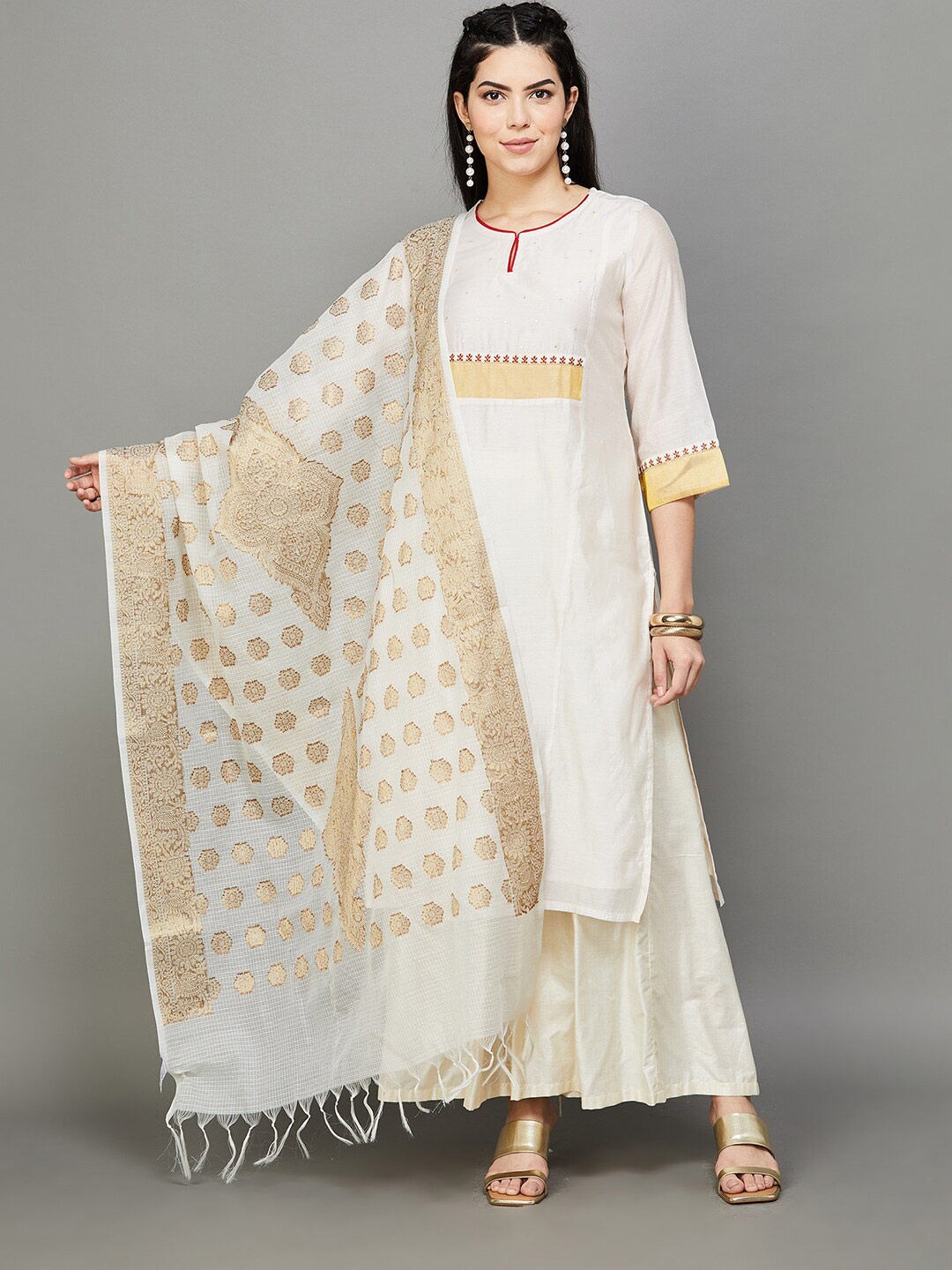 

Melange by Lifestyle Ethnic Motifs Woven Design Cotton Dupatta, White