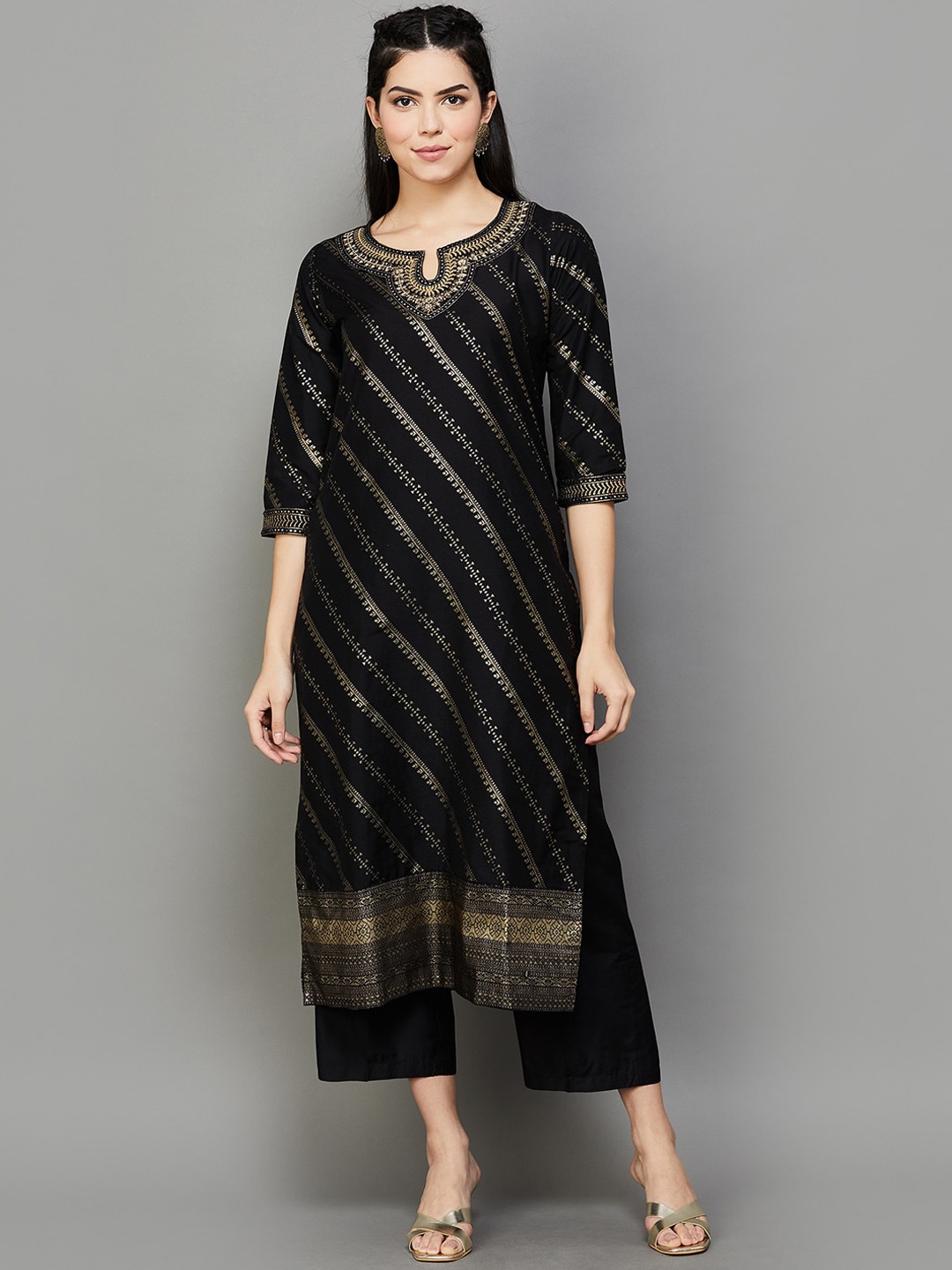 

Melange by Lifestyle Ethnic Motifs Printed Zari Regular Kurta with Palazzos & Dupatta, Black